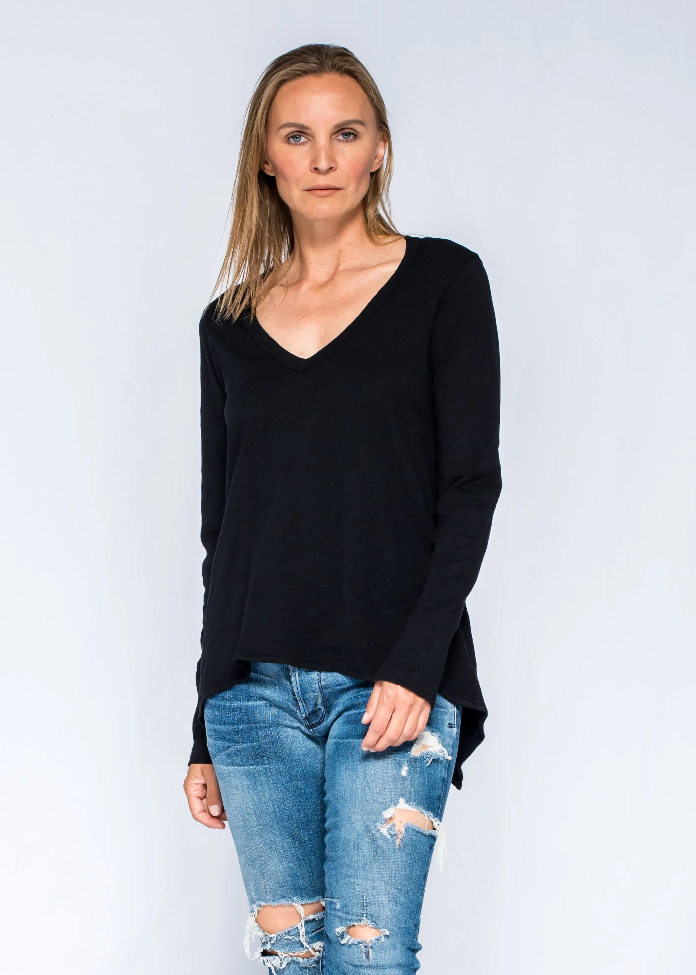 WrinkleResistantClothing Sexy Deep V-Neck Shrunken Boyfriend Long Sleeve Top