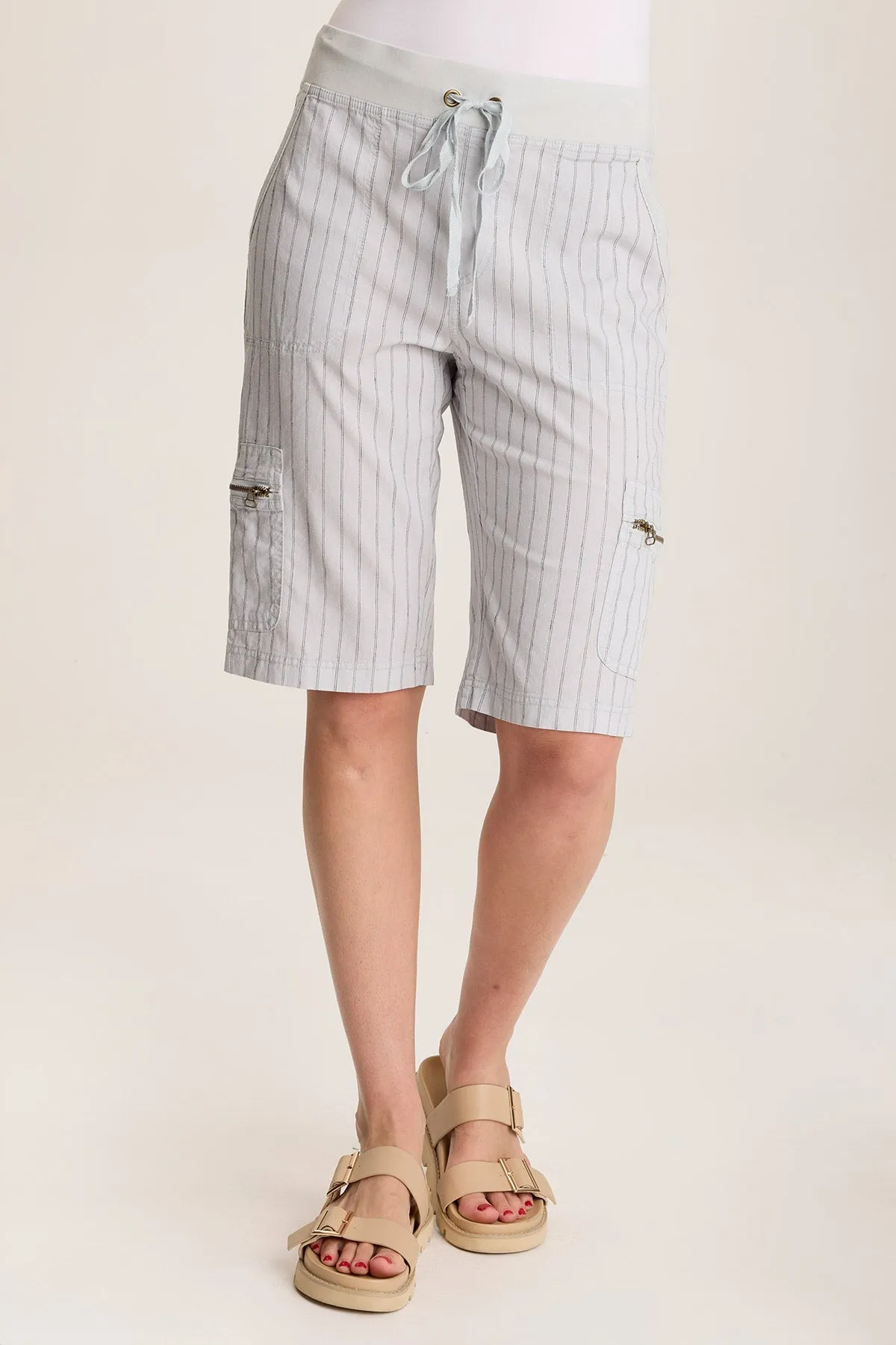 TensionAdjustedWaistband Favian Bermuda Linen Pinstripe Shorts with Cargo Pockets