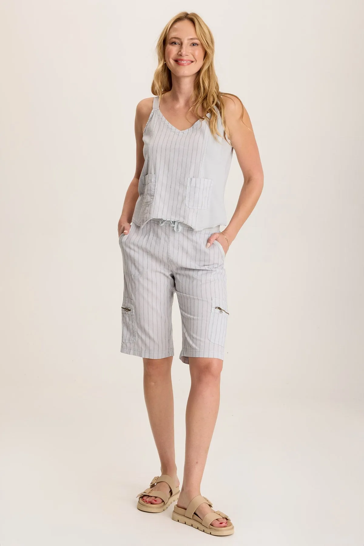 EcoFriendlyProduction OdorControl Treatment Favian Bermuda Linen Pinstripe Shorts with Cargo Pockets