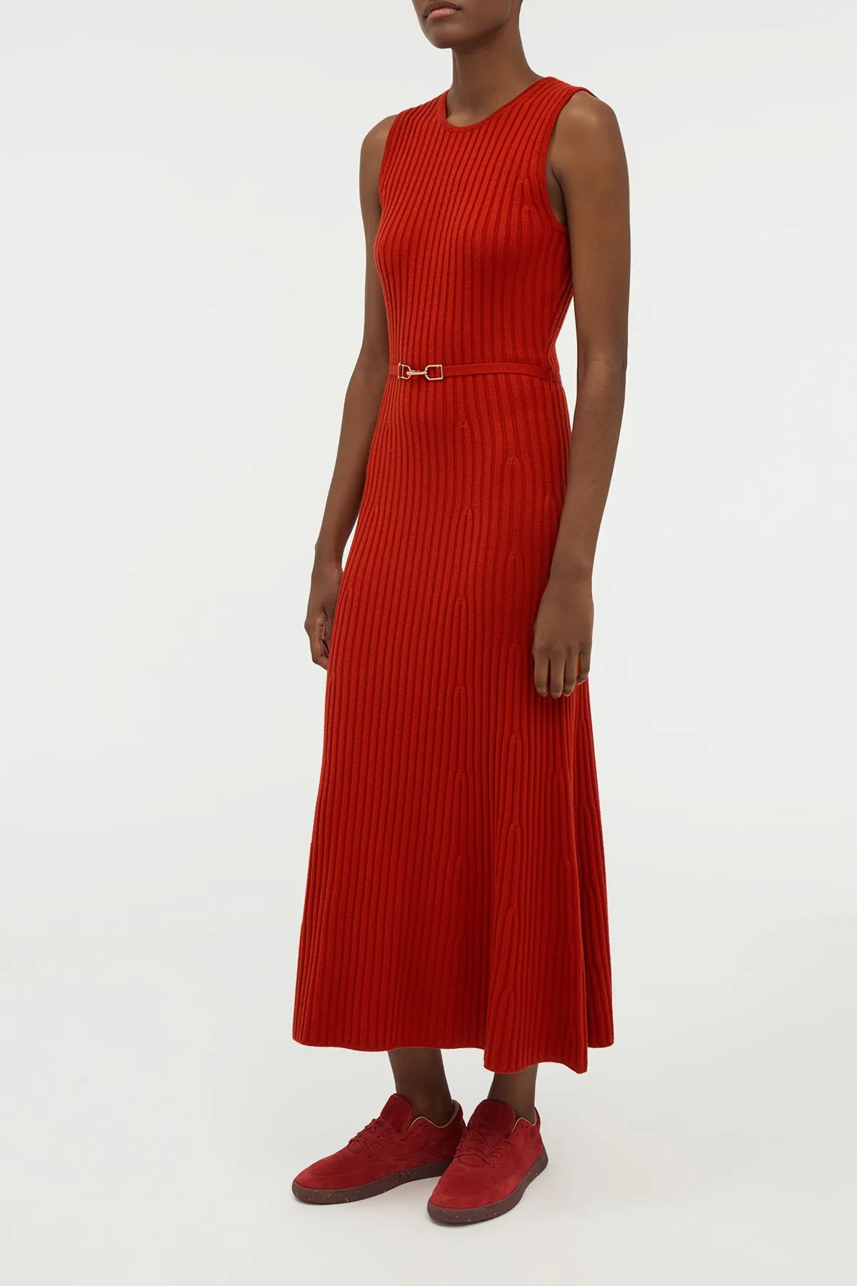 Breathable Stretch Fabric Meier Knit Midi Dress in Antelope Orange Merino Wool Cashmere