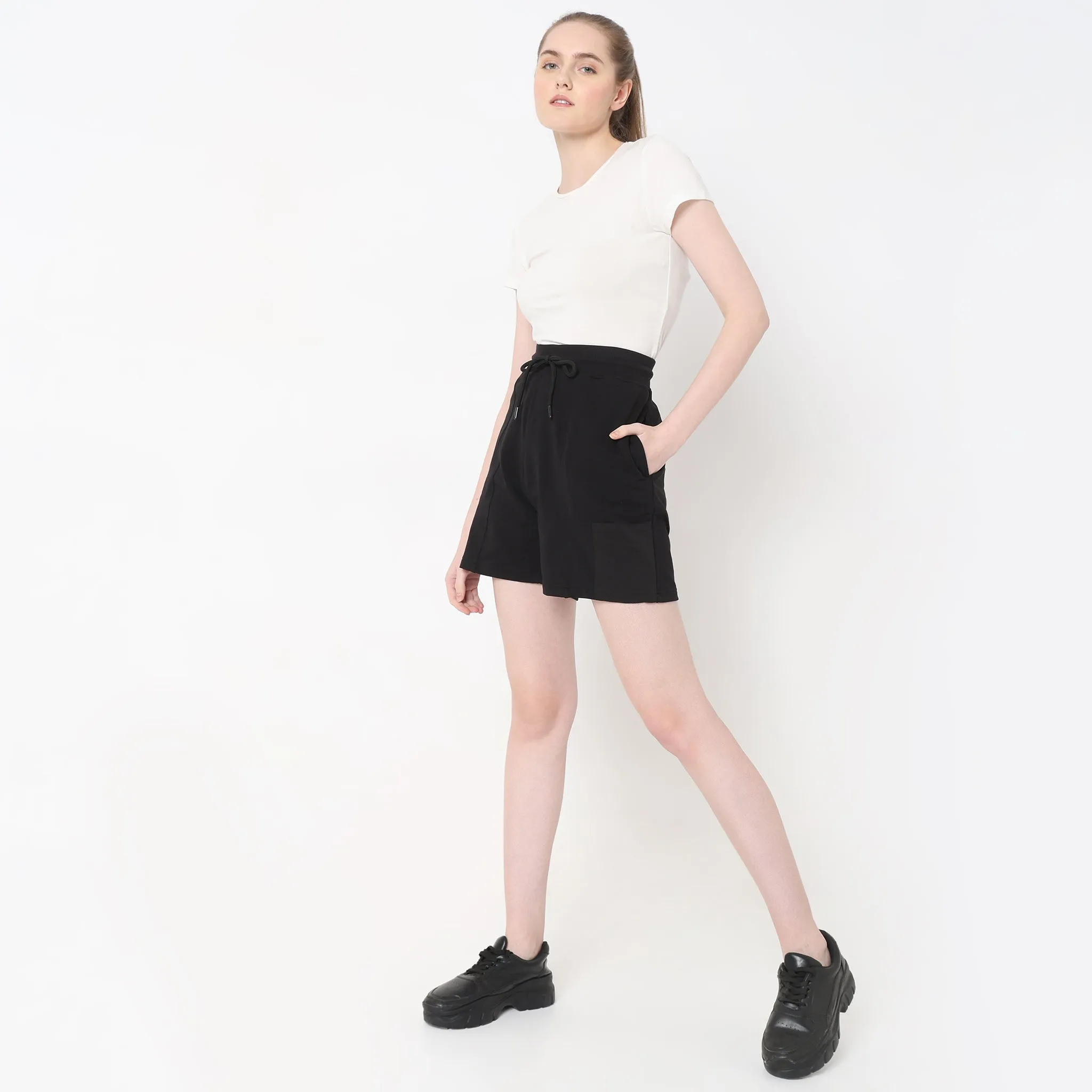 Regular Fit Solid High Rise Shorts Lightweight Fabric SustainableProduction