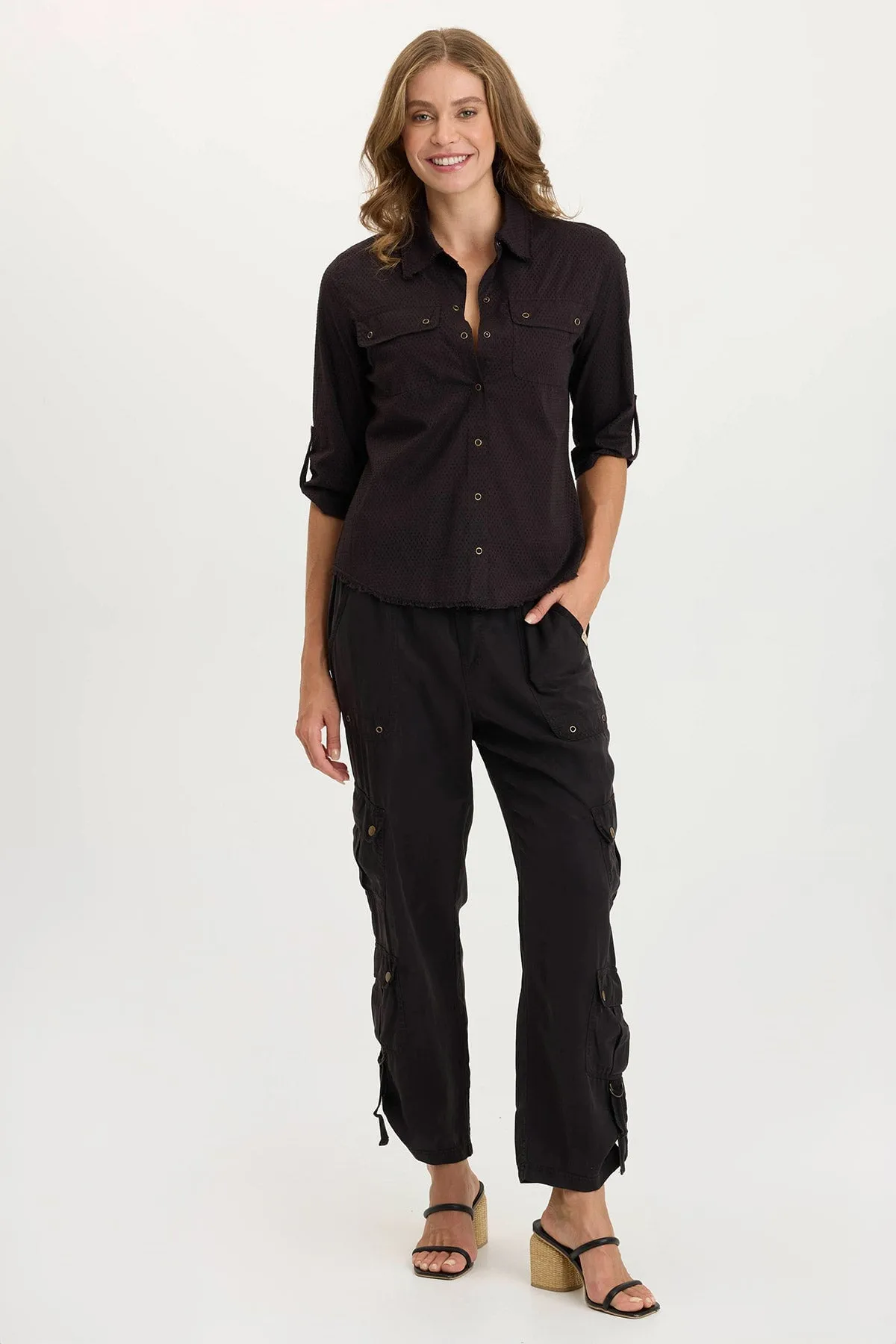 Aerated Seam Placement Arvin Perforated Poplin   Jersey Tabbed 3/4-Sleeve Snap-Up Top