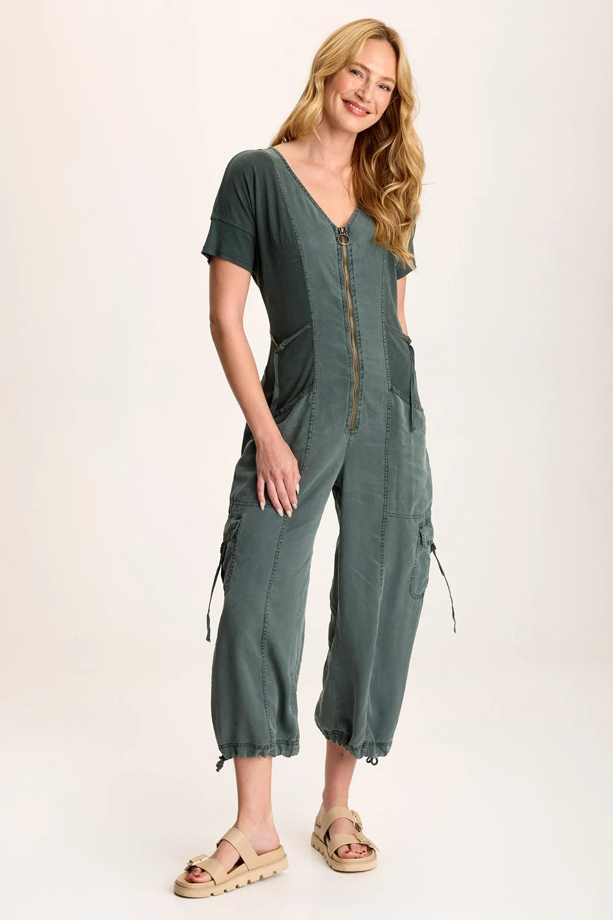 Naveen Short Sleeve Twill Banded Jumpsuit Inner Glow AdjustableWaistband