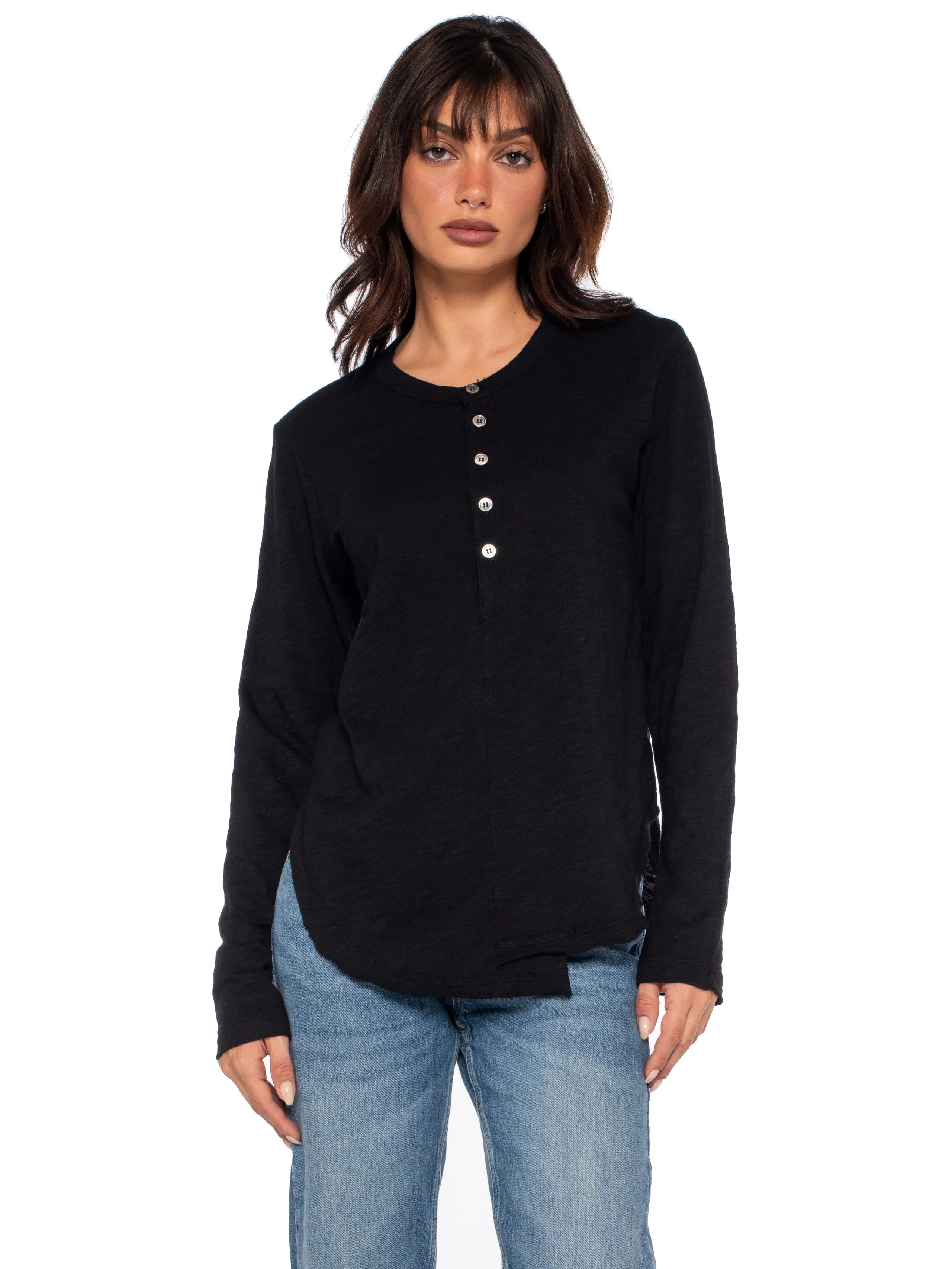 Long Sleeve Shrunken Henley W/ Shifted Hem Global Glow Adjustable Waistband