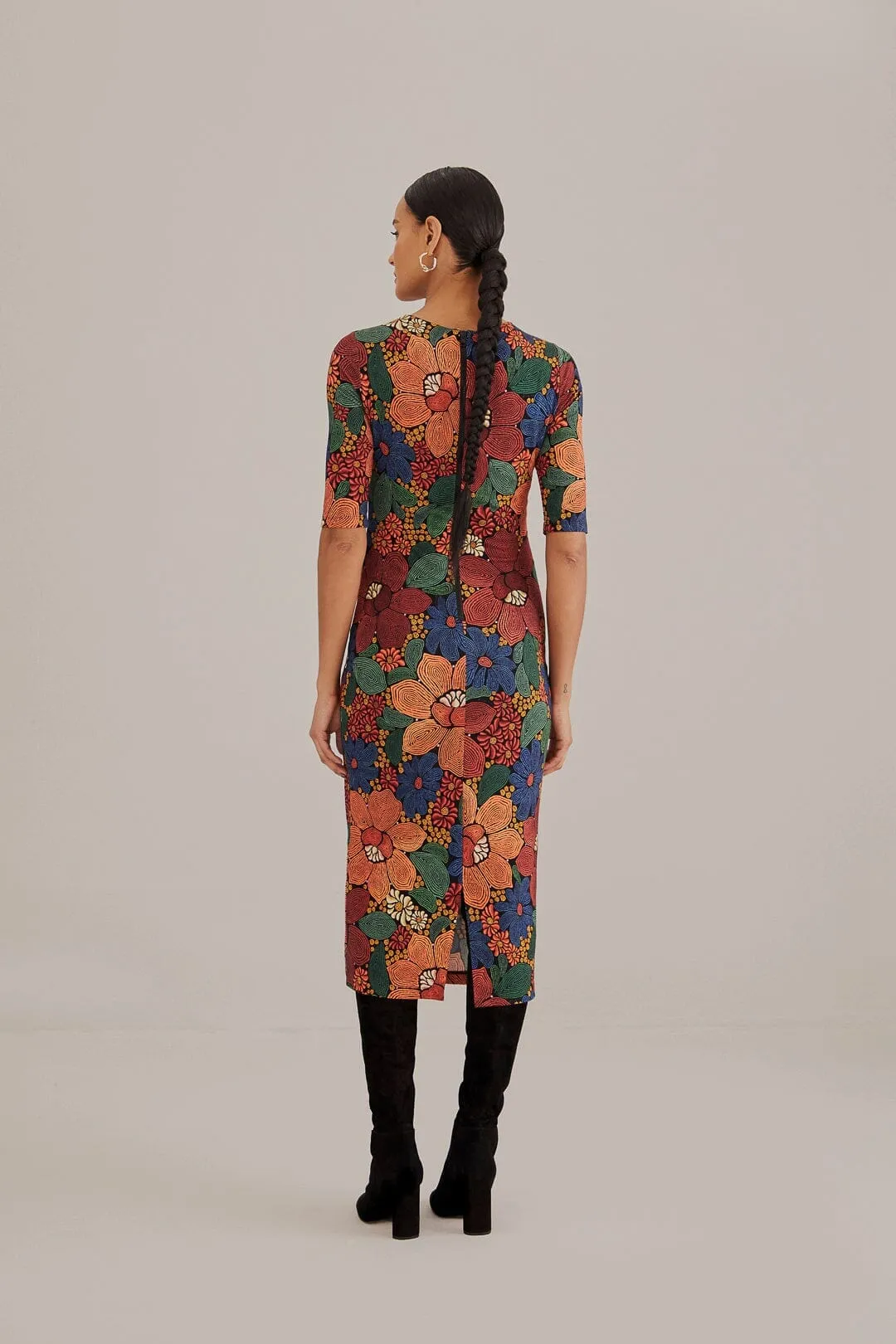 Bronze Tone Black Stitched Flowers Lenzing? Ecovero? Viscose Midi Dress