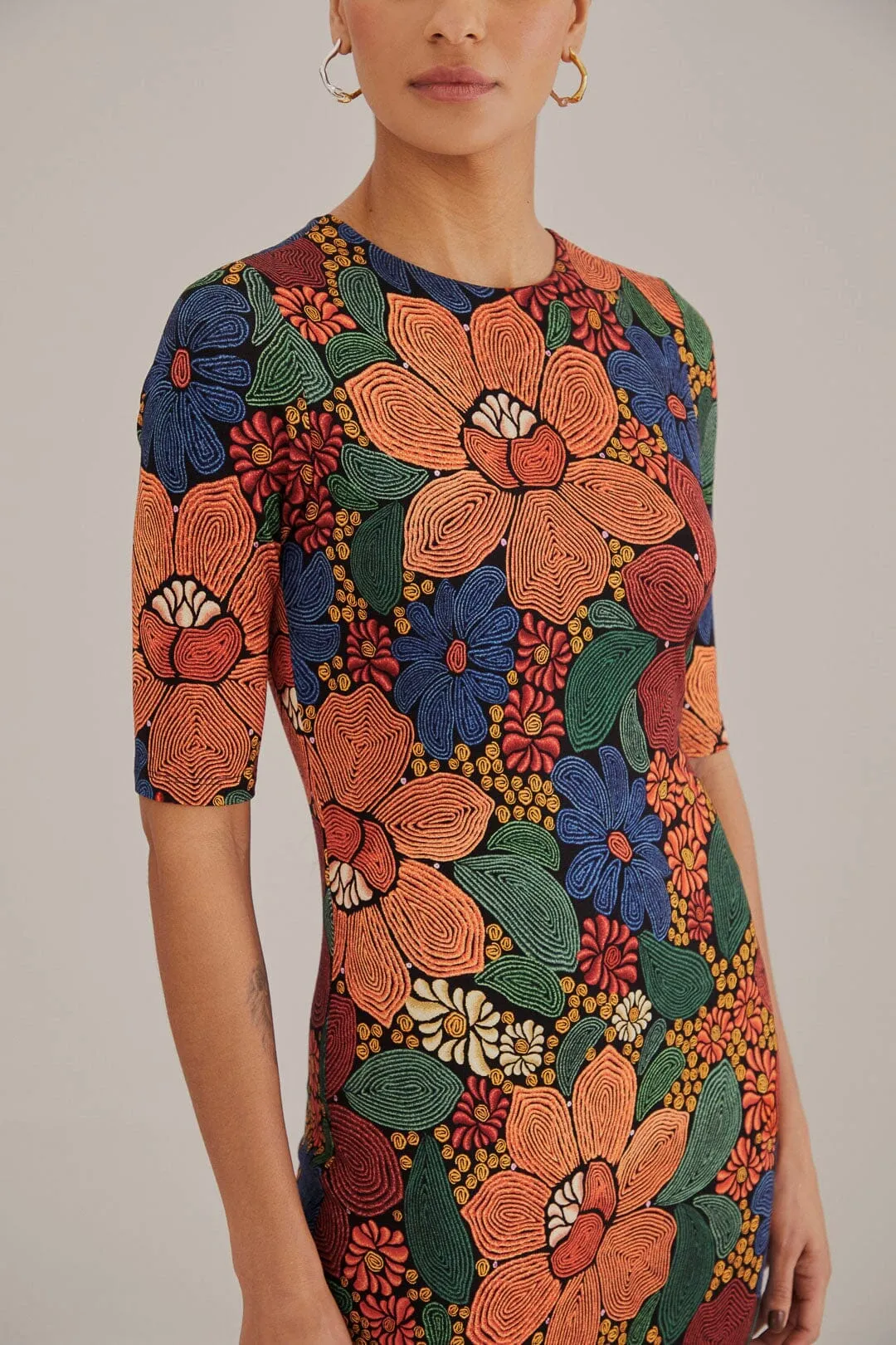 Black Stitched Flowers Lenzing? Ecovero? Viscose Midi Dress Fashion Forward All Day Elegance