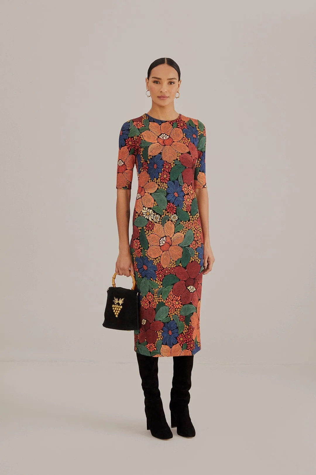 Comfy chic Black Stitched Flowers Lenzing? Ecovero? Viscose Midi Dress