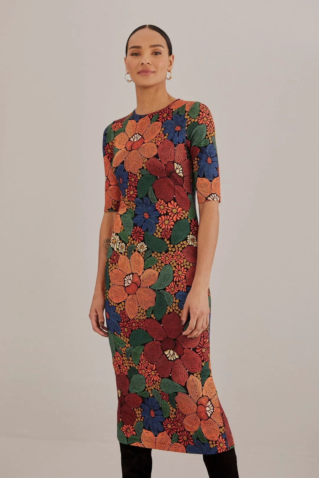 Black Stitched Flowers Lenzing? Ecovero? Viscose Midi Dress Pearl Soft Street Minimal