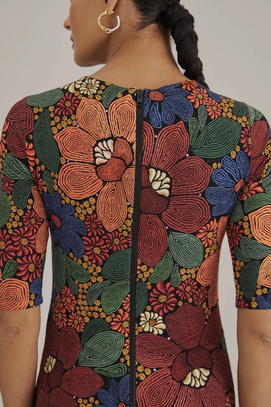 Comfortable Design Wool Warm Black Stitched Flowers Lenzing? Ecovero? Viscose Midi Dress