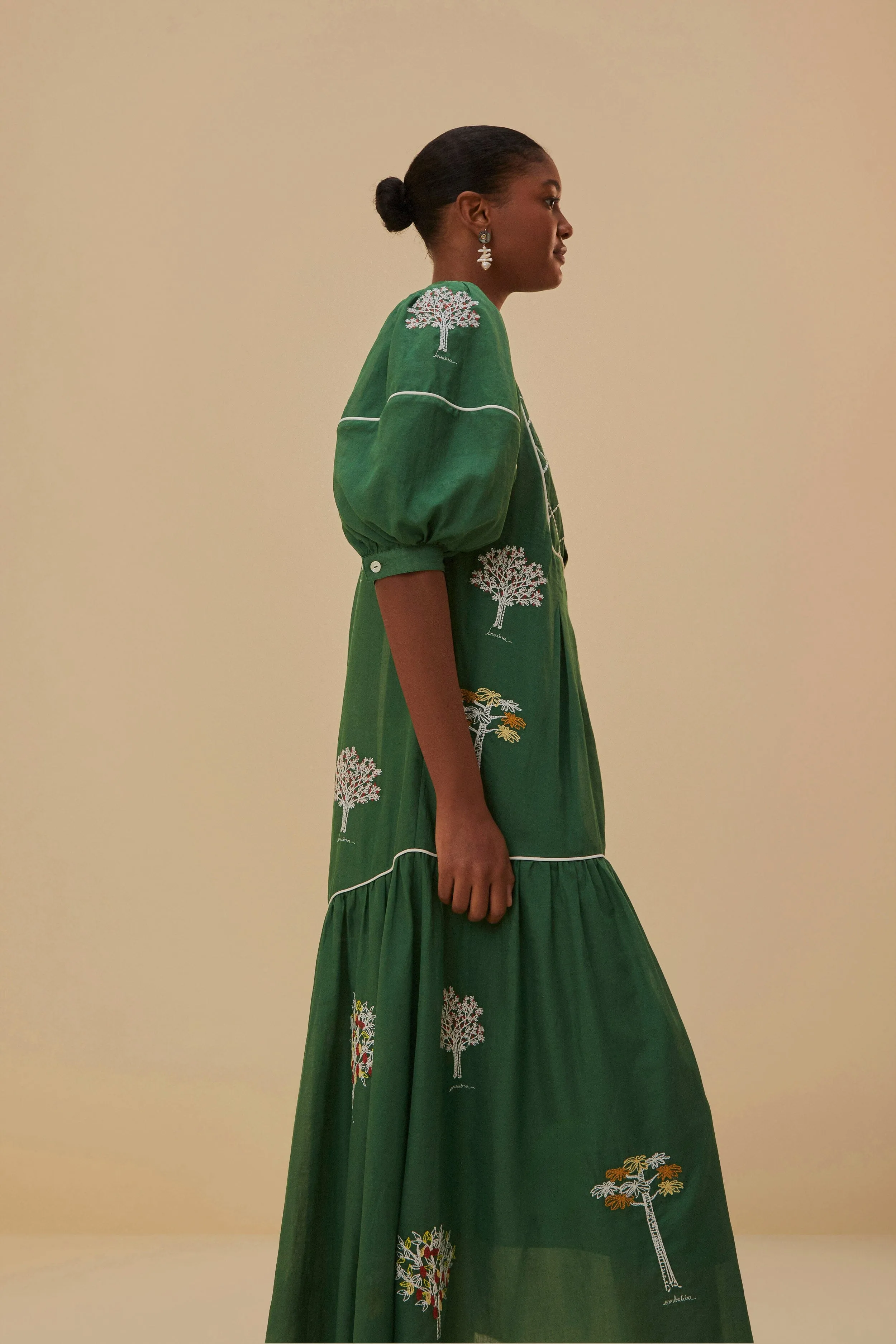 Bronze Tone Green Embroidered Trees Organic Cotton Midi Dress