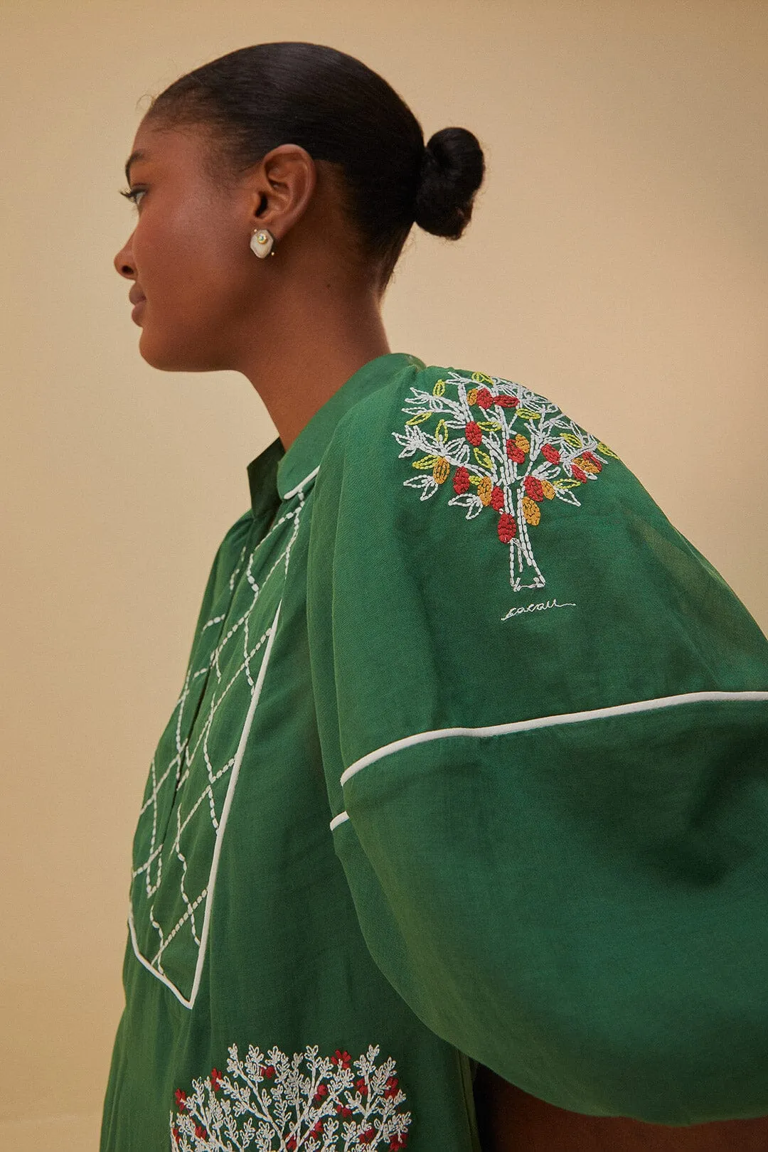 Trendy Wardrobe London Girl Green Embroidered Trees Organic Cotton Midi Dress