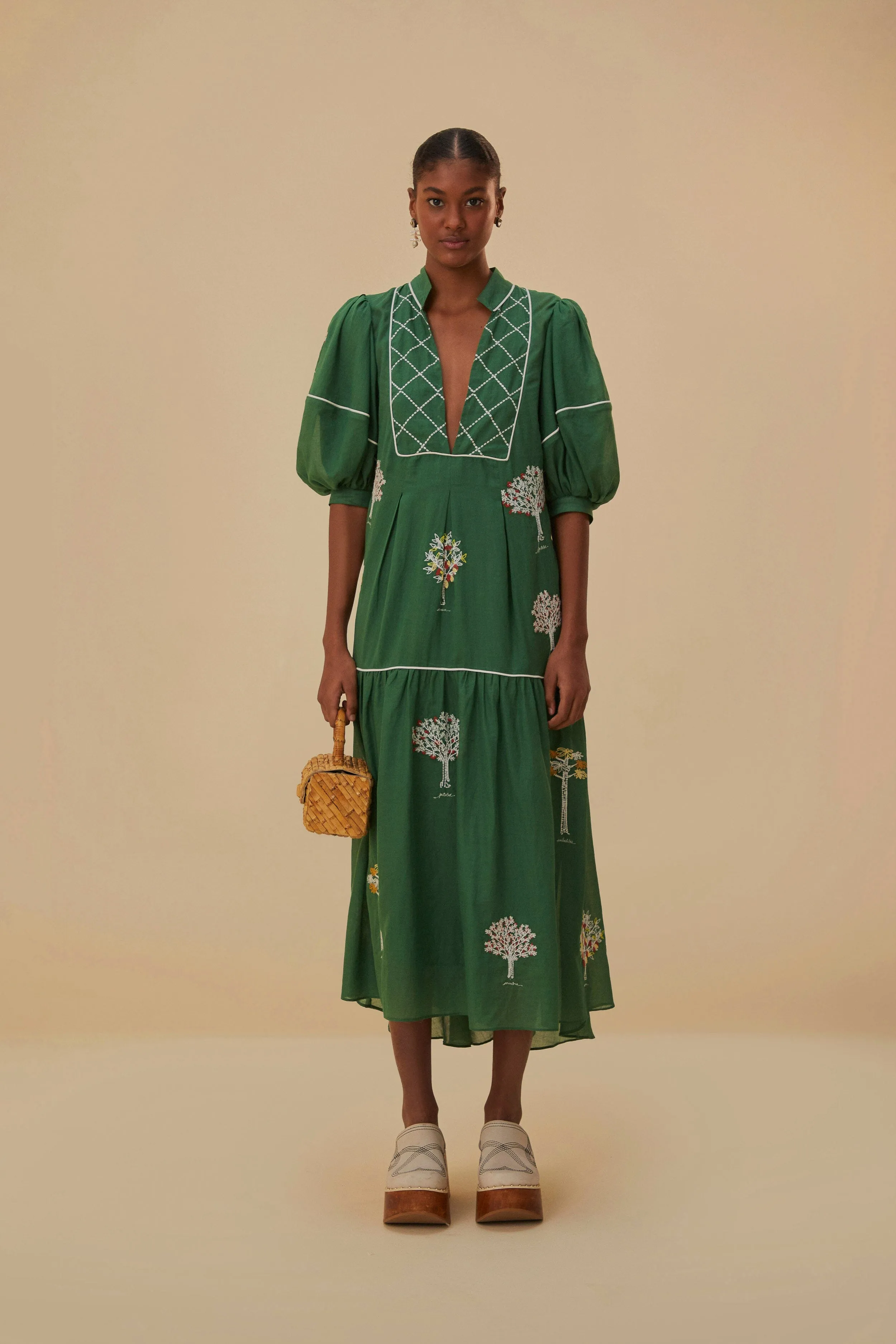 Green Embroidered Trees Organic Cotton Midi Dress Timelessly stylish midi