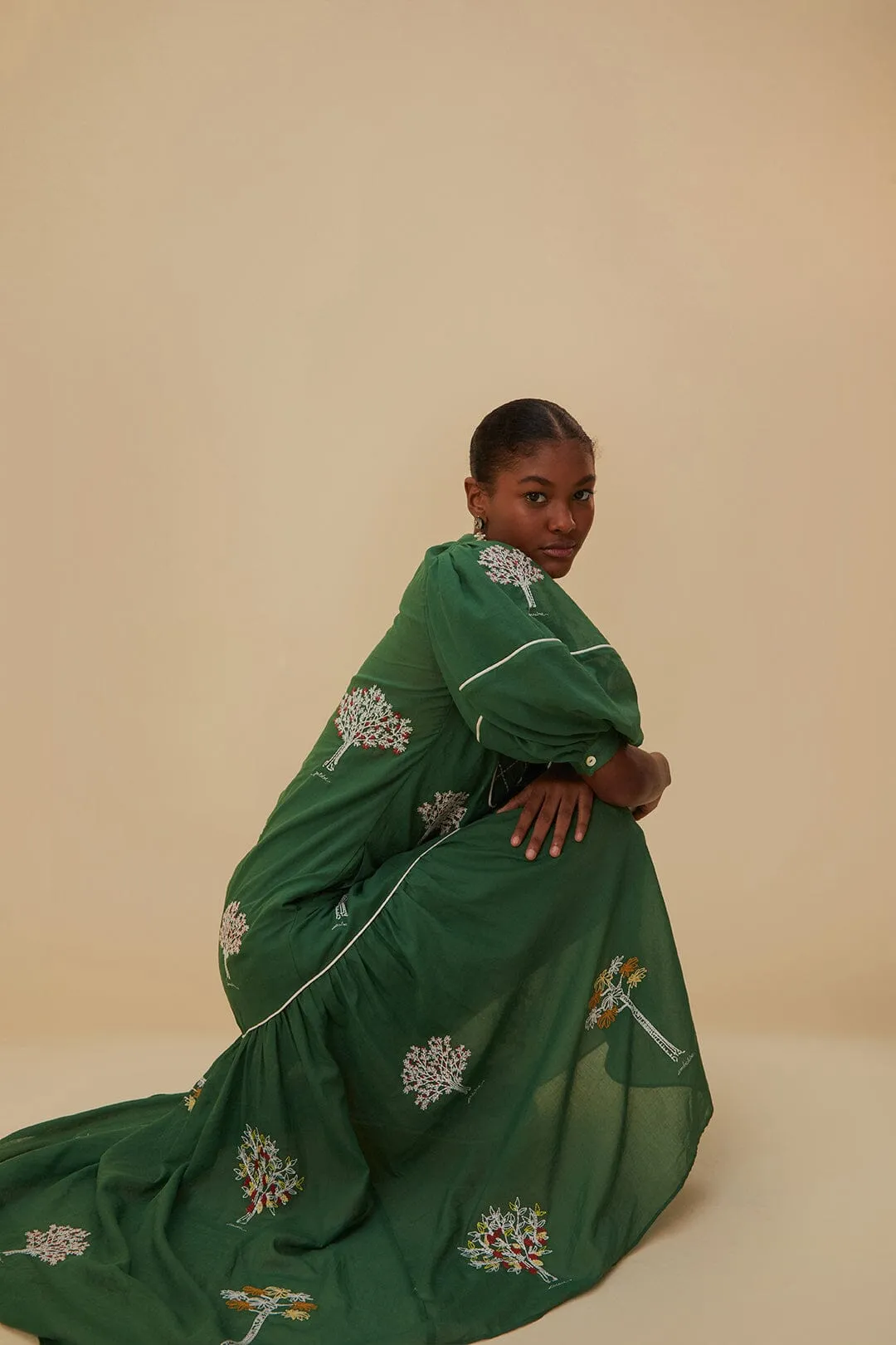Green Embroidered Trees Organic Cotton Midi Dress Moon Beam