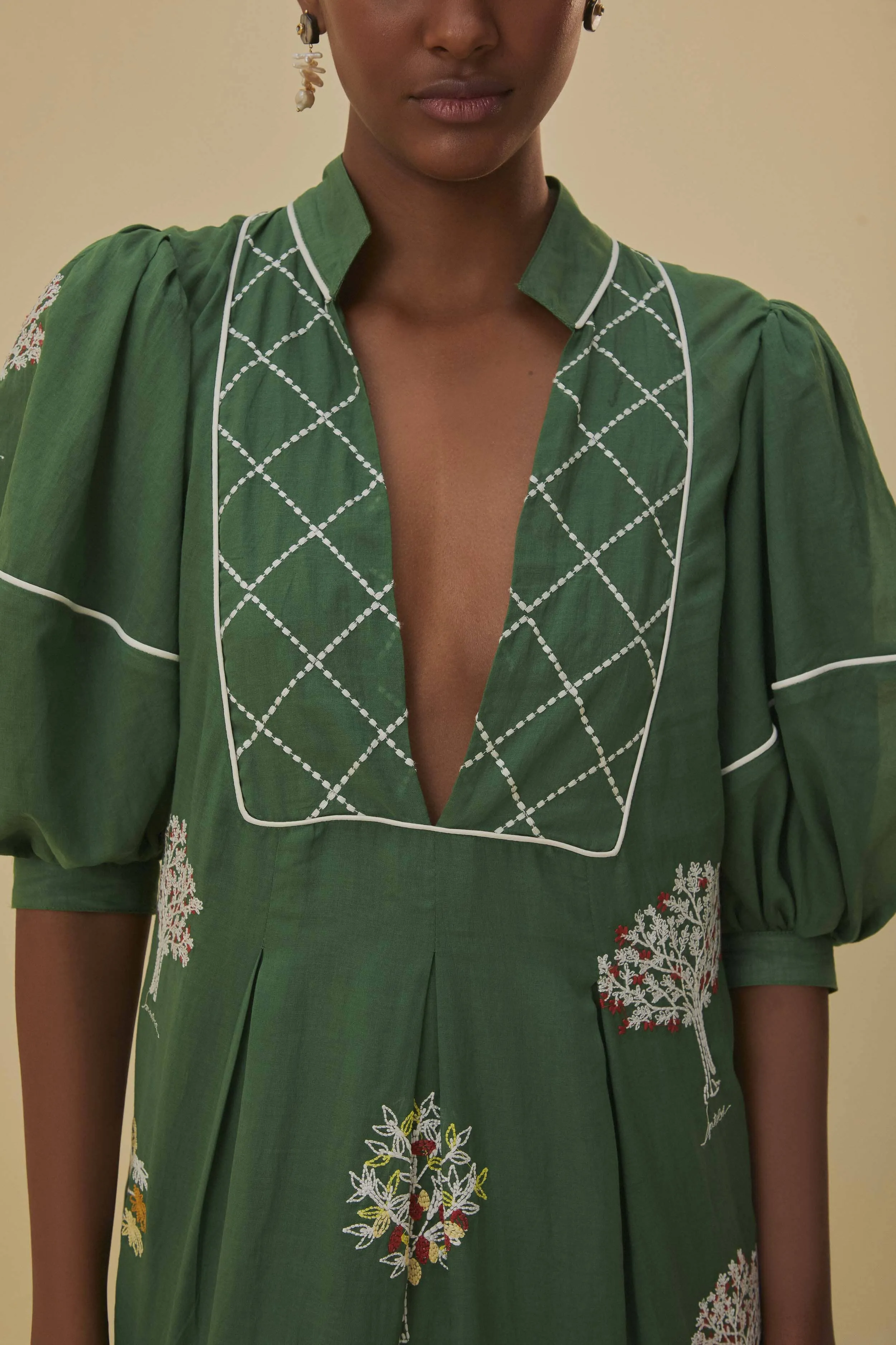 Green Embroidered Trees Organic Cotton Midi Dress Relaxed Comfort Fashion Essential
