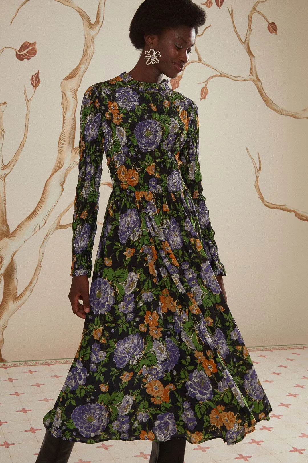 Flight Hall Black Capri Floral Midi Dress Long Sleeve