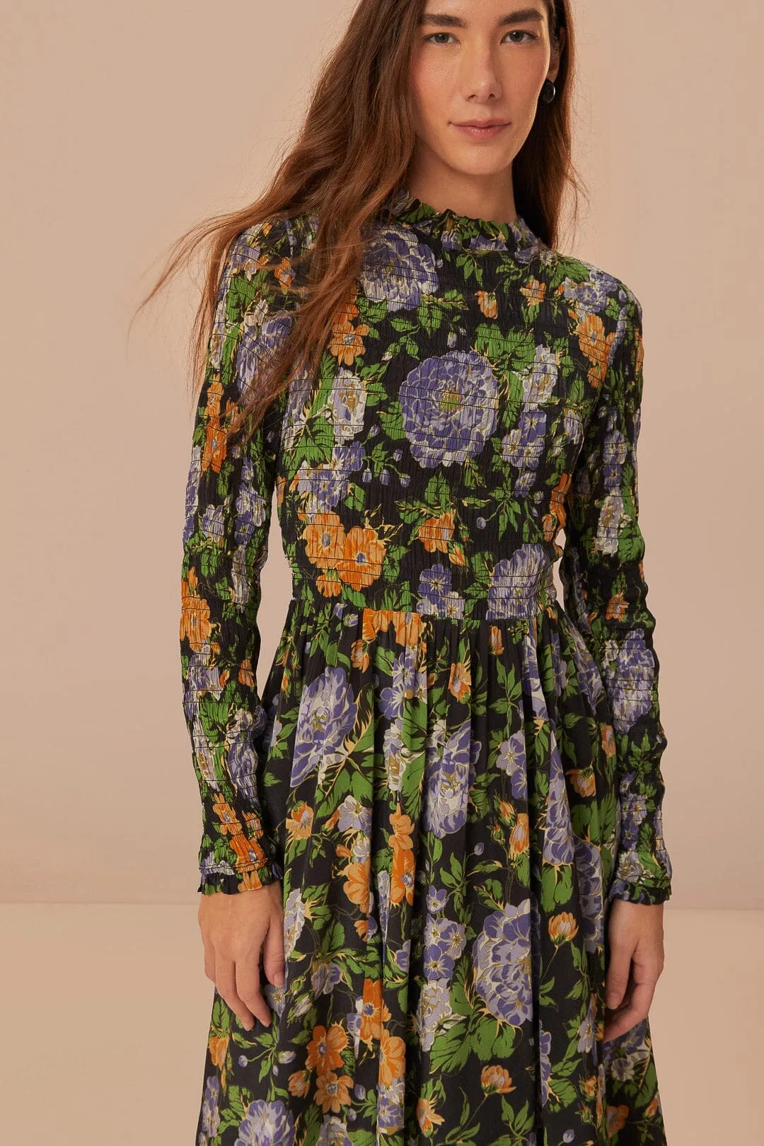 Black Capri Floral Midi Dress Long Sleeve Trendy Chic