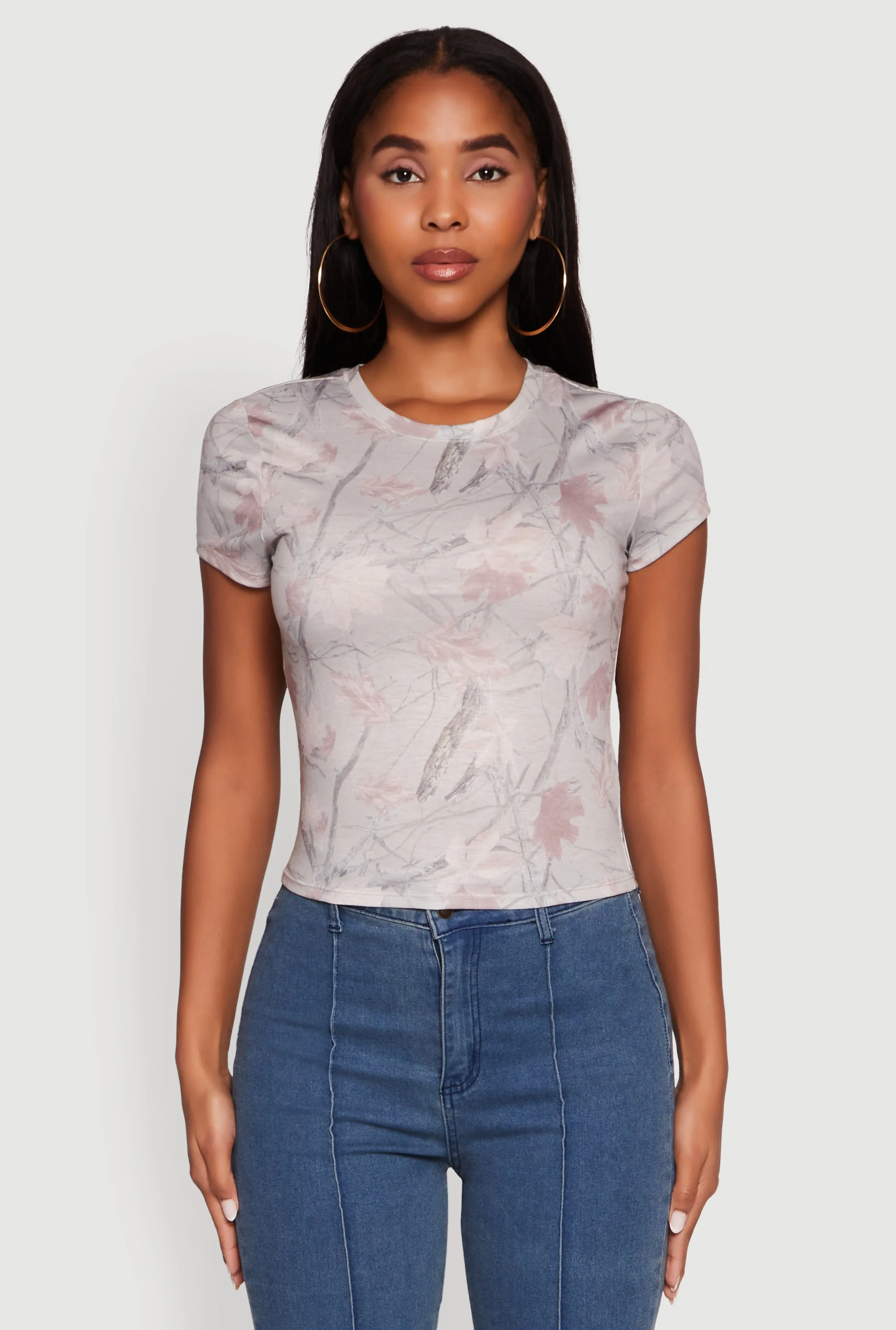 Anti microbial coating Customizable Leaf Print Crew Neck T-Shirt