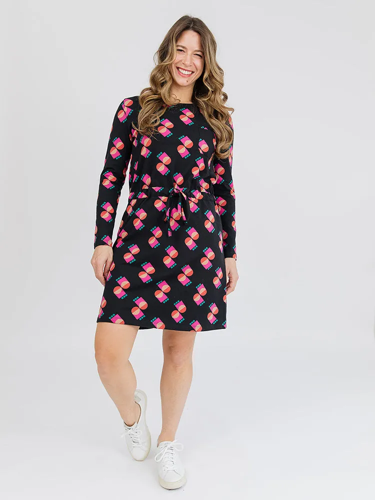 OdorControl Treatment Abby Long Sleeve Dress - Memphis Shapes Black