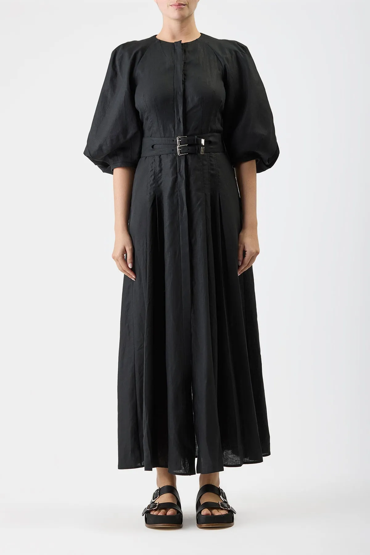 Elea Pleated Maxi Dress in Black Aloe Linen SoftTouchLining