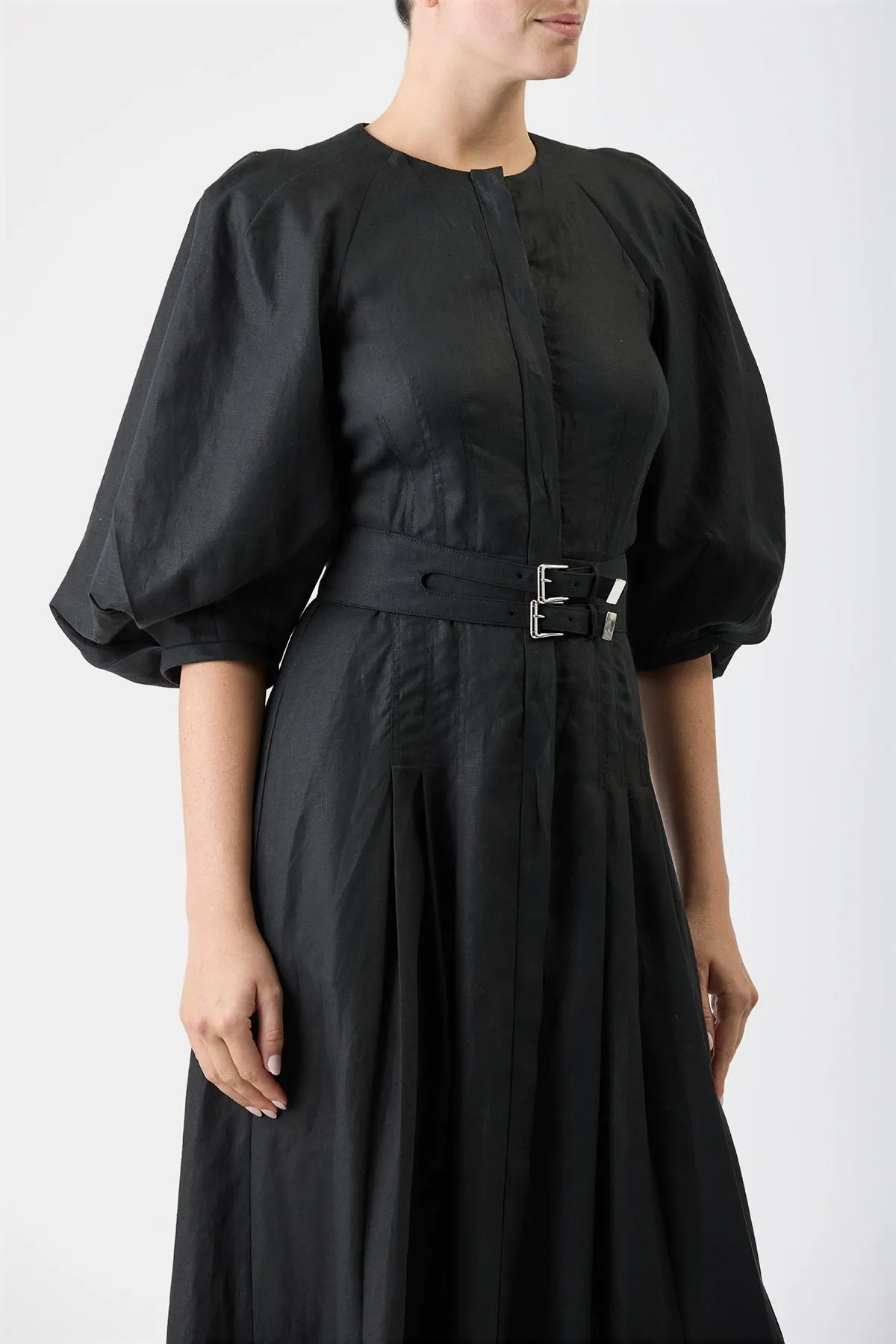 MachineWashable Fabric Elea Pleated Maxi Dress in Black Aloe Linen