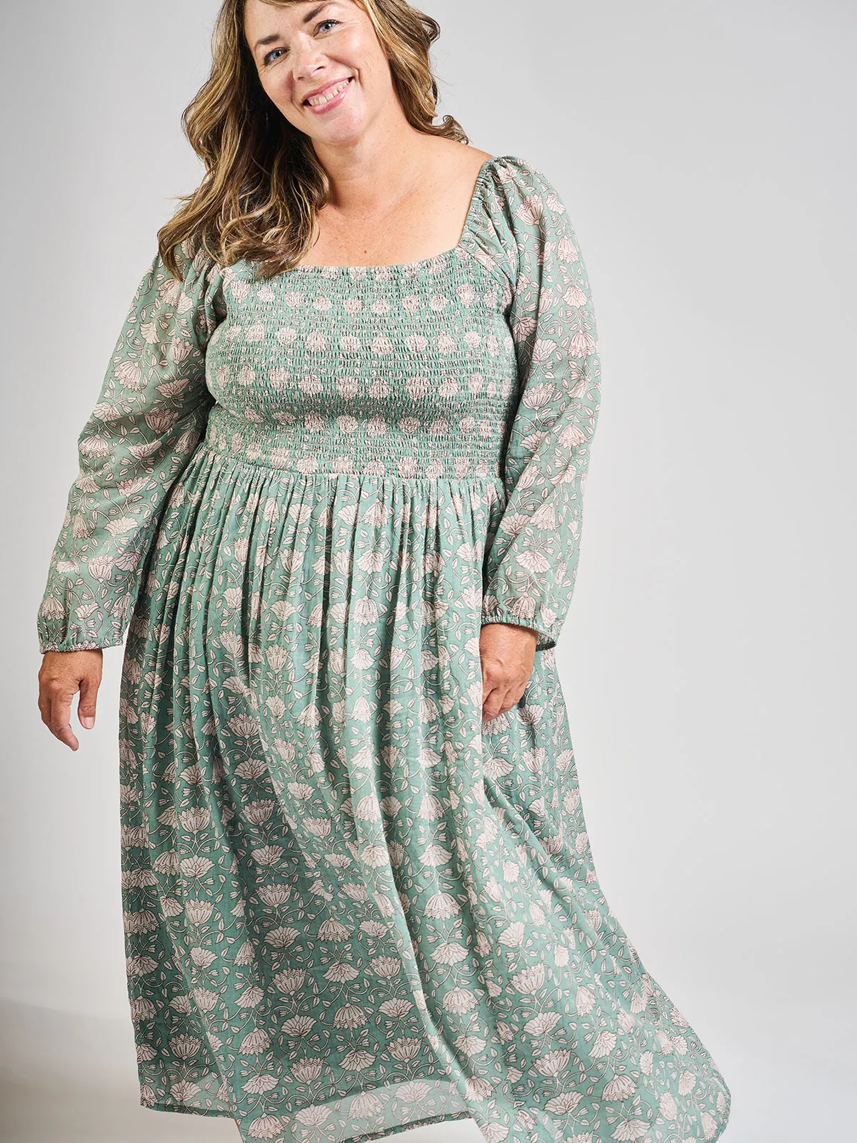Hailee Smocked Plus Size Midi Dress - Aegean Teal Floral StaticResistantTextile