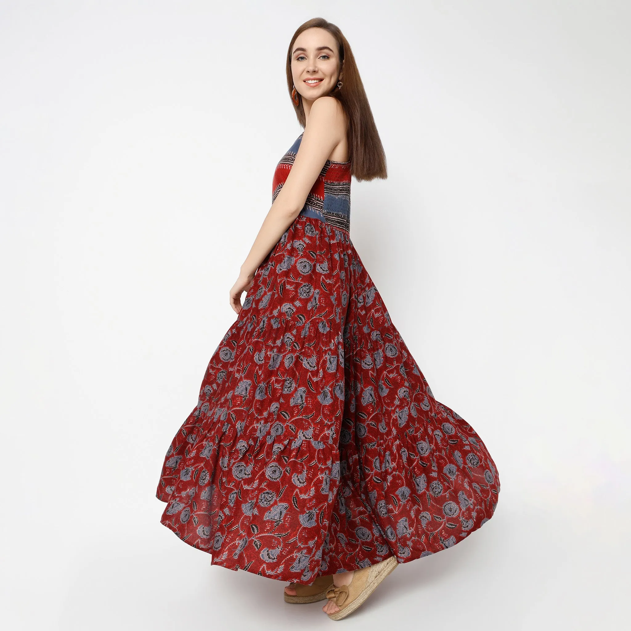 Square Neck Full Length Flare Fit Printed Strap Dress Earth Glow Planet Care