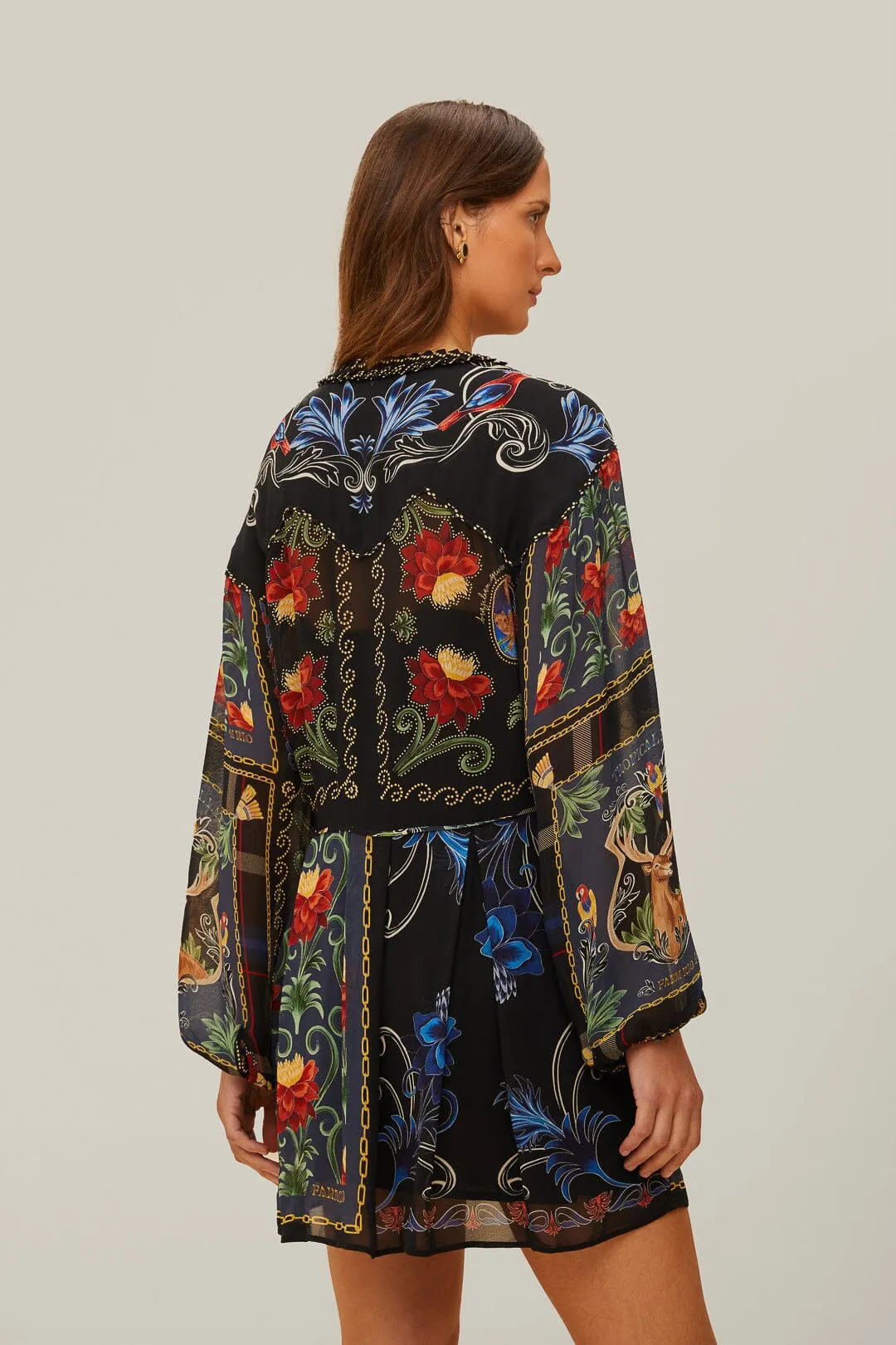 Black Mixed Arabesque Scarves Long Sleeve Mini Dress Odor Resistant Finish