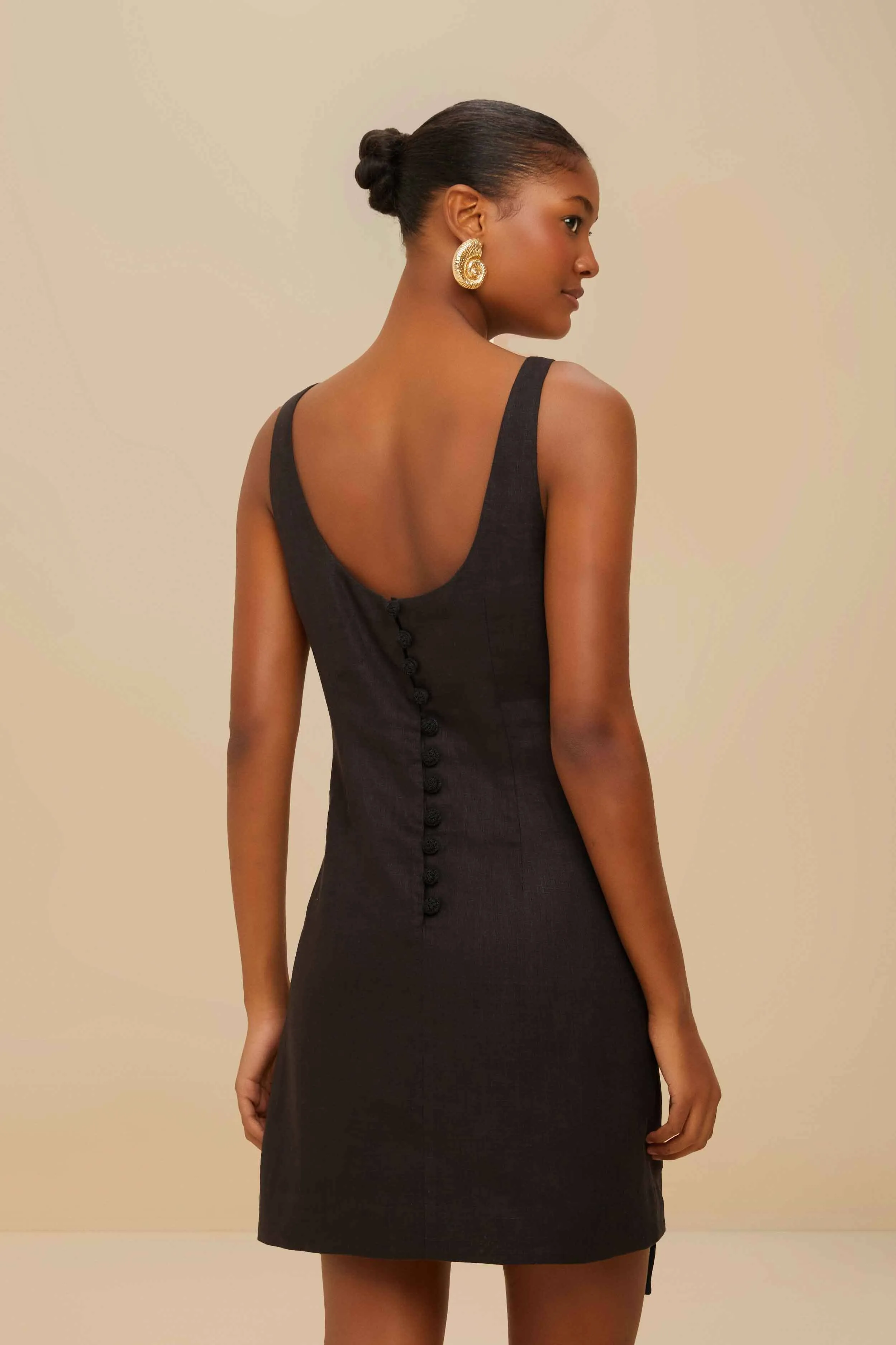 Overlapping Panel Design Black Sleeveless Euroflax? Premium Linen Mini Dress