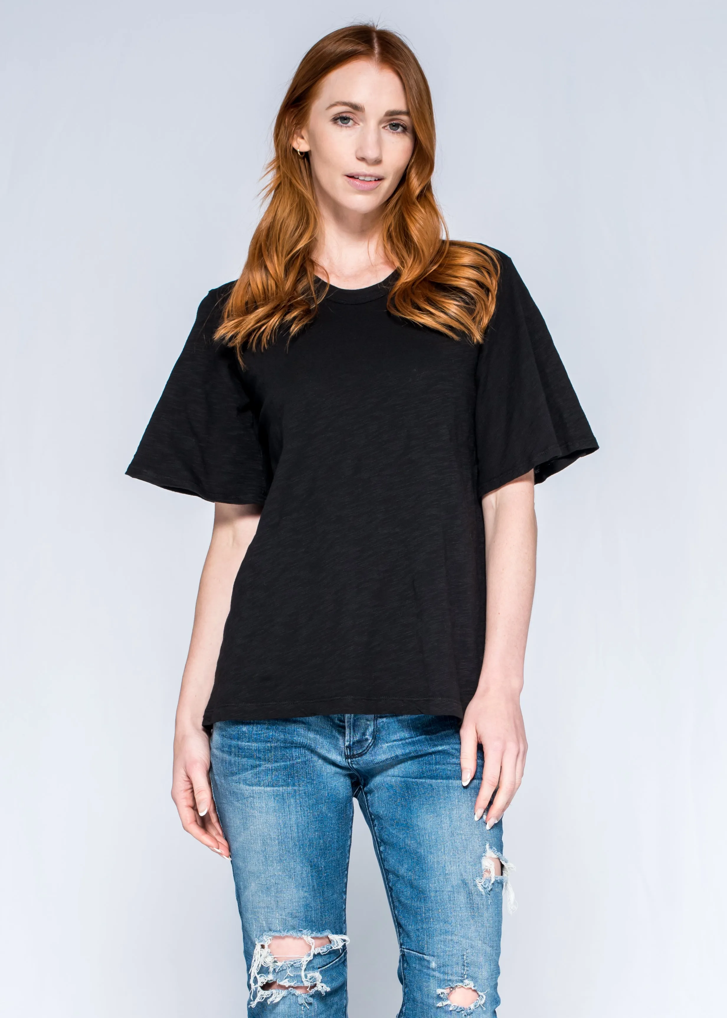 HighNeckStyle Easy Crew Tee Elbow Flutter Sleeve Shirt