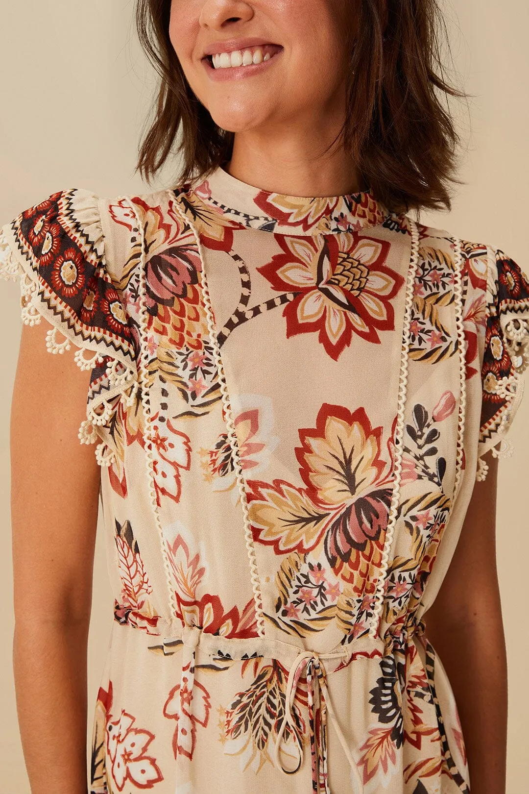 Roll Up Sleeve Adaptation Easy-to-wear mini gown Sand Aura Floral Mini Dress