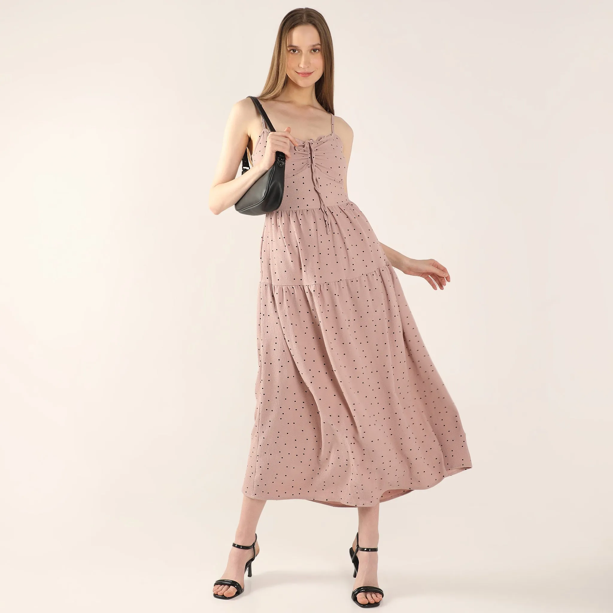 Winner Vibe Polka Dot Calf-Length V-Neck Sleeveless Dress