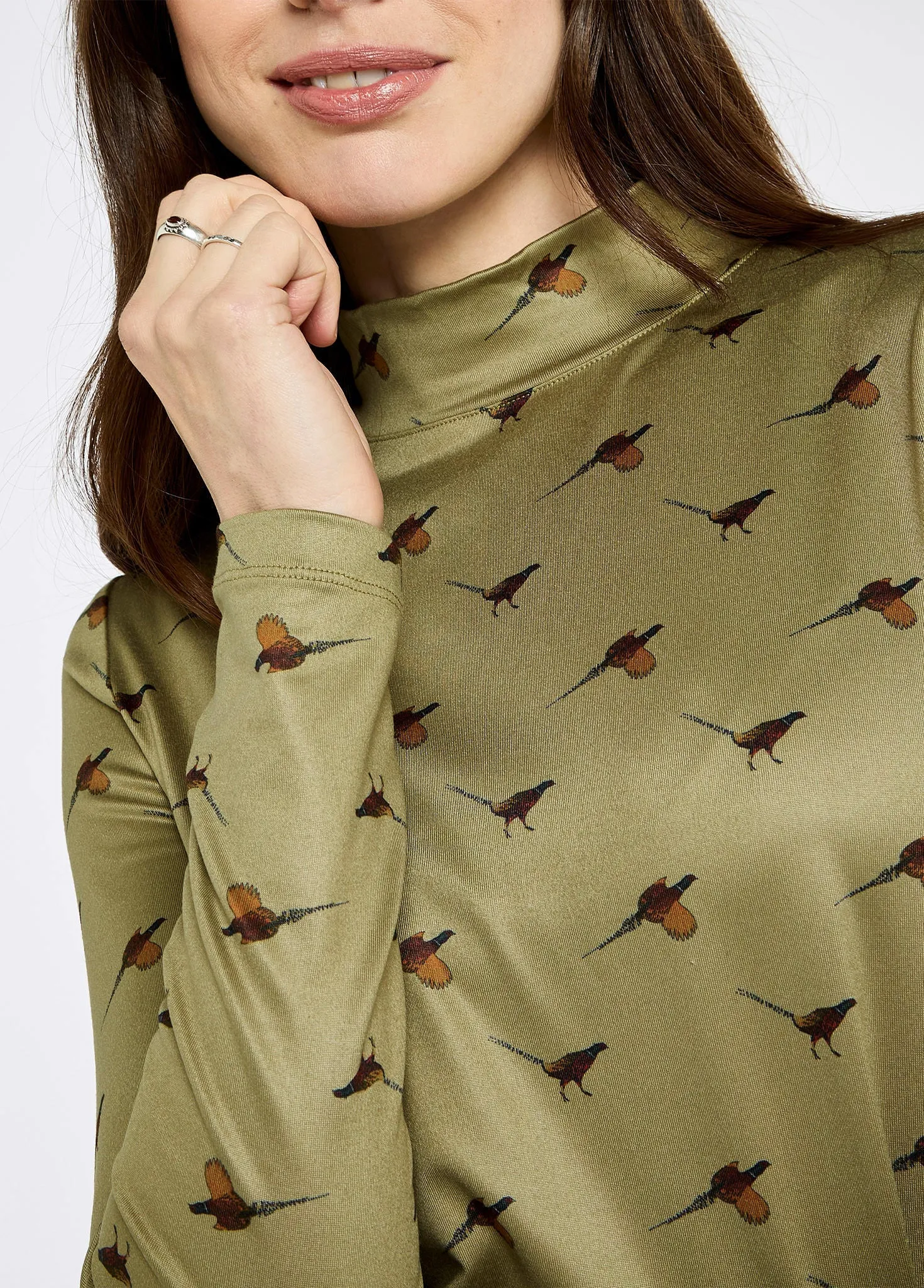 Reynolds Women's soft, printed mock neck top - Dusky Green Boss Vibe Resort Mood