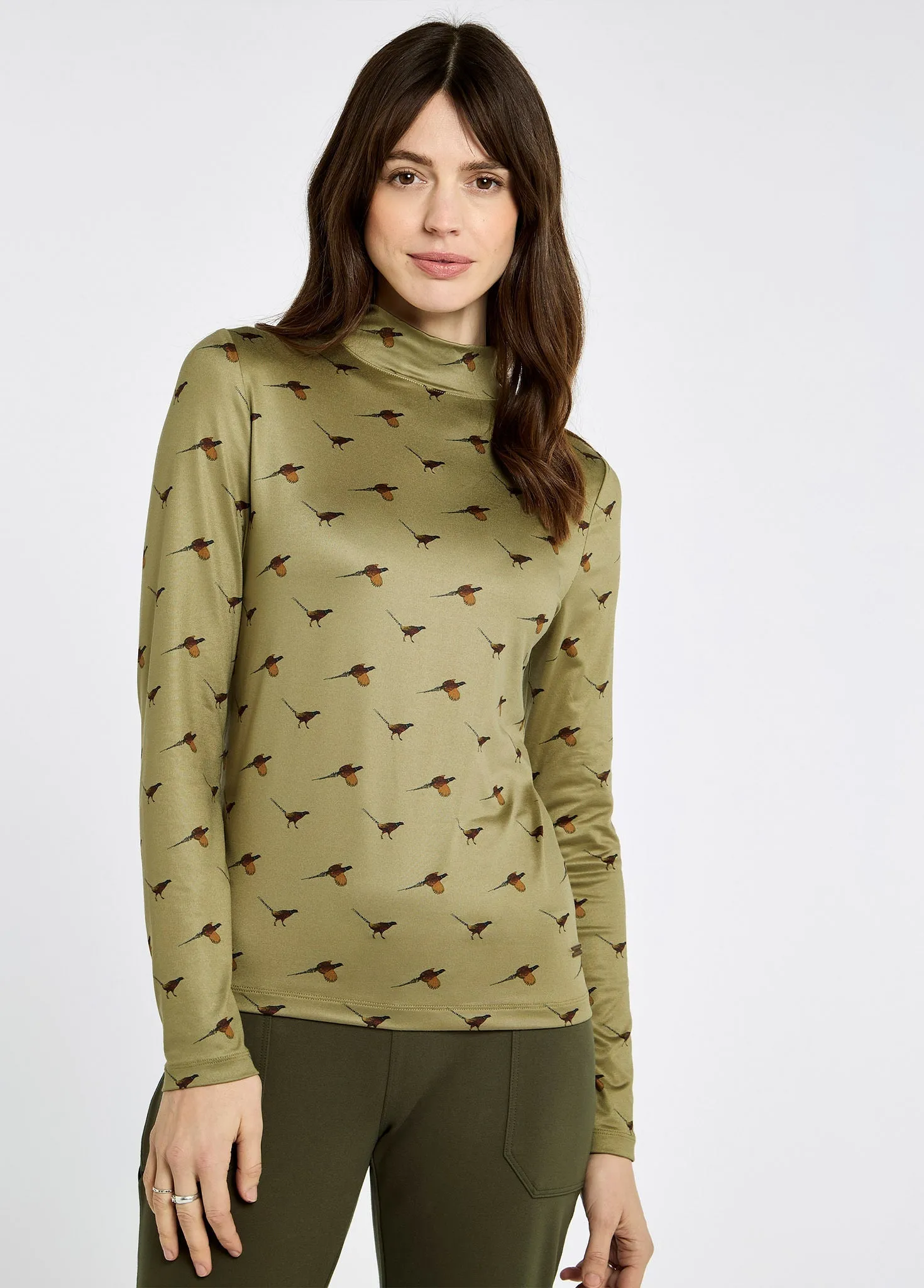 QuickDry Technology Model Glow Reynolds Women's soft, printed mock neck top - Dusky Green