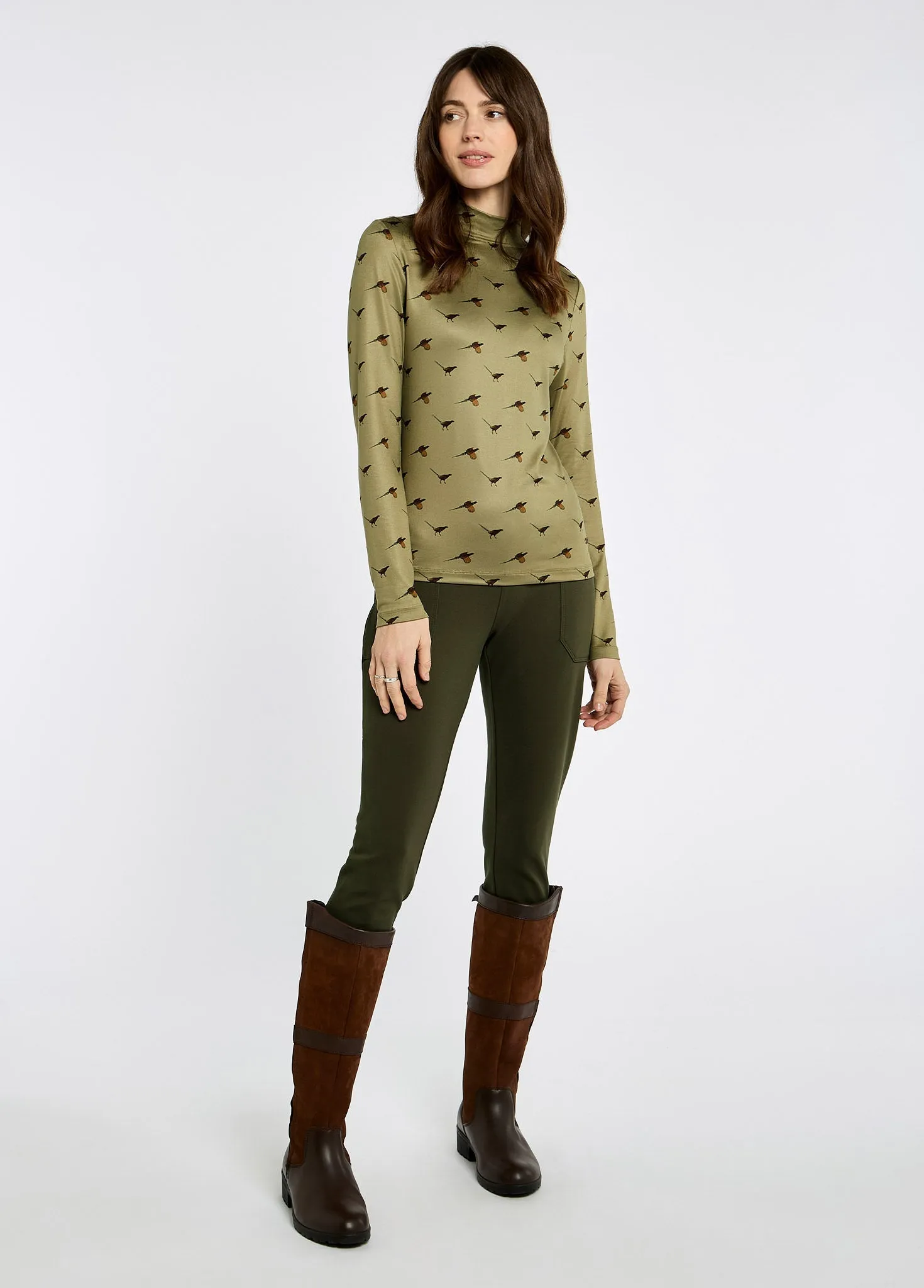 Dance Flow OdorControl Treatment Reynolds Women's soft, printed mock neck top - Dusky Green