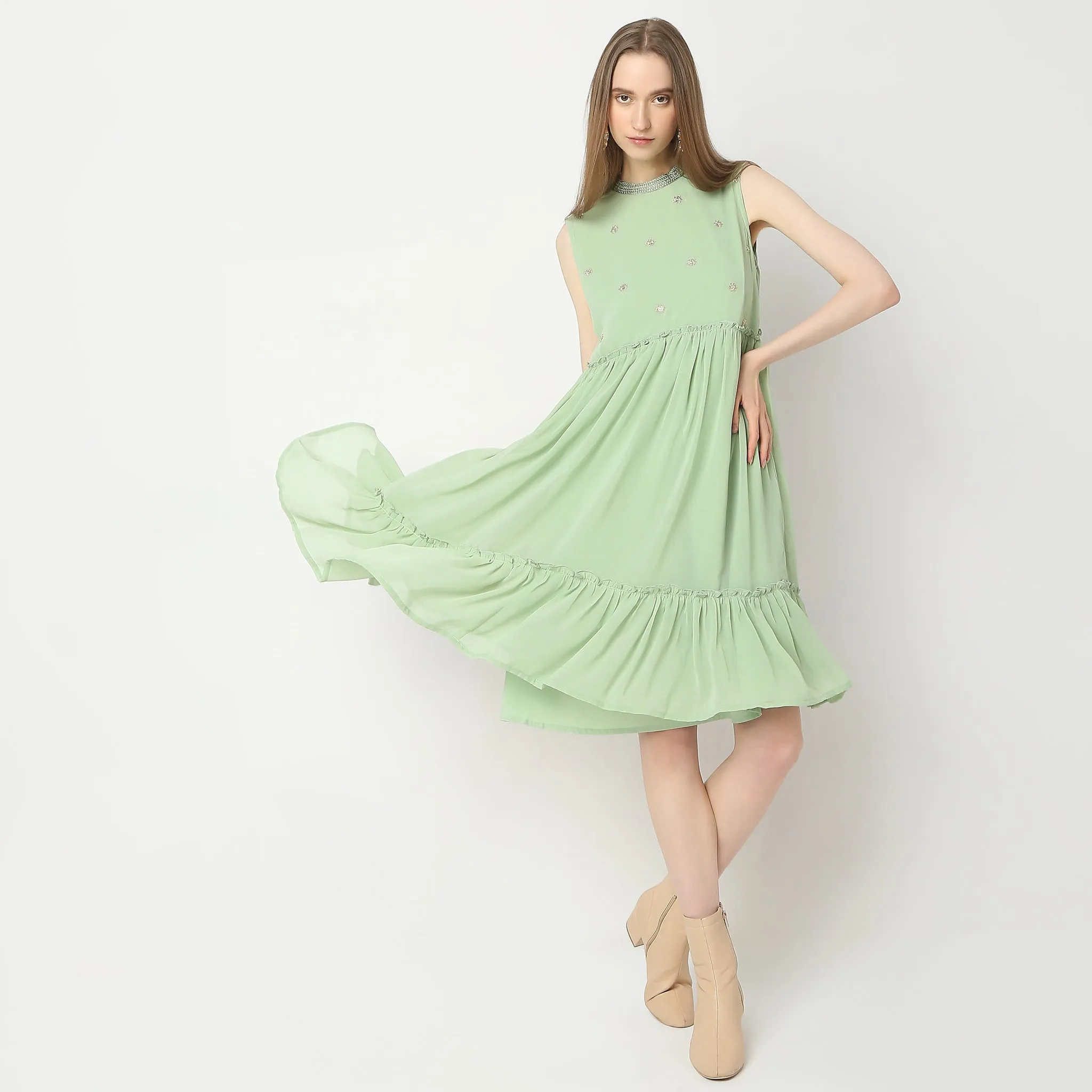 ZeroWaste Production HighNeckStyle Flare Fit Embellished Dress