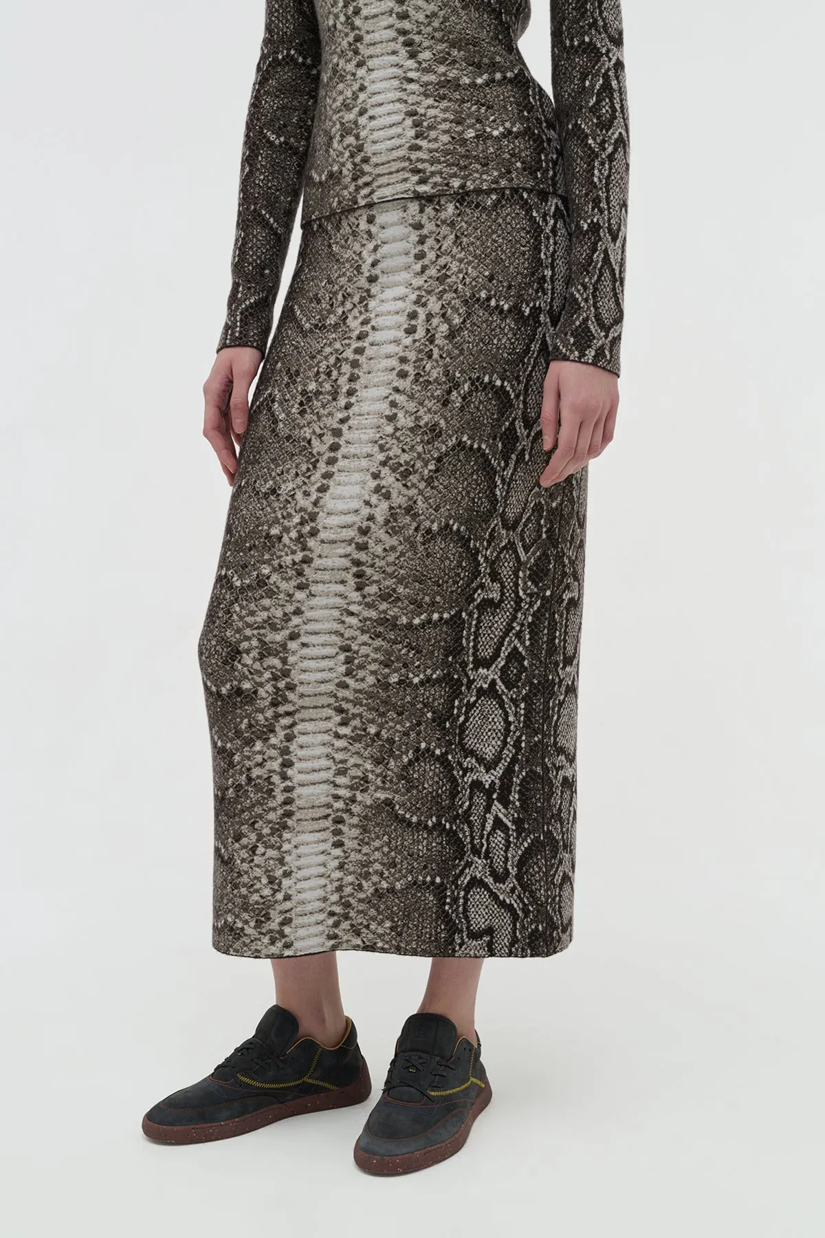 DoubleStitchReinforcement Story Glow Bragi Knit Maxi Skirt in Greyscale Cashmere Silk