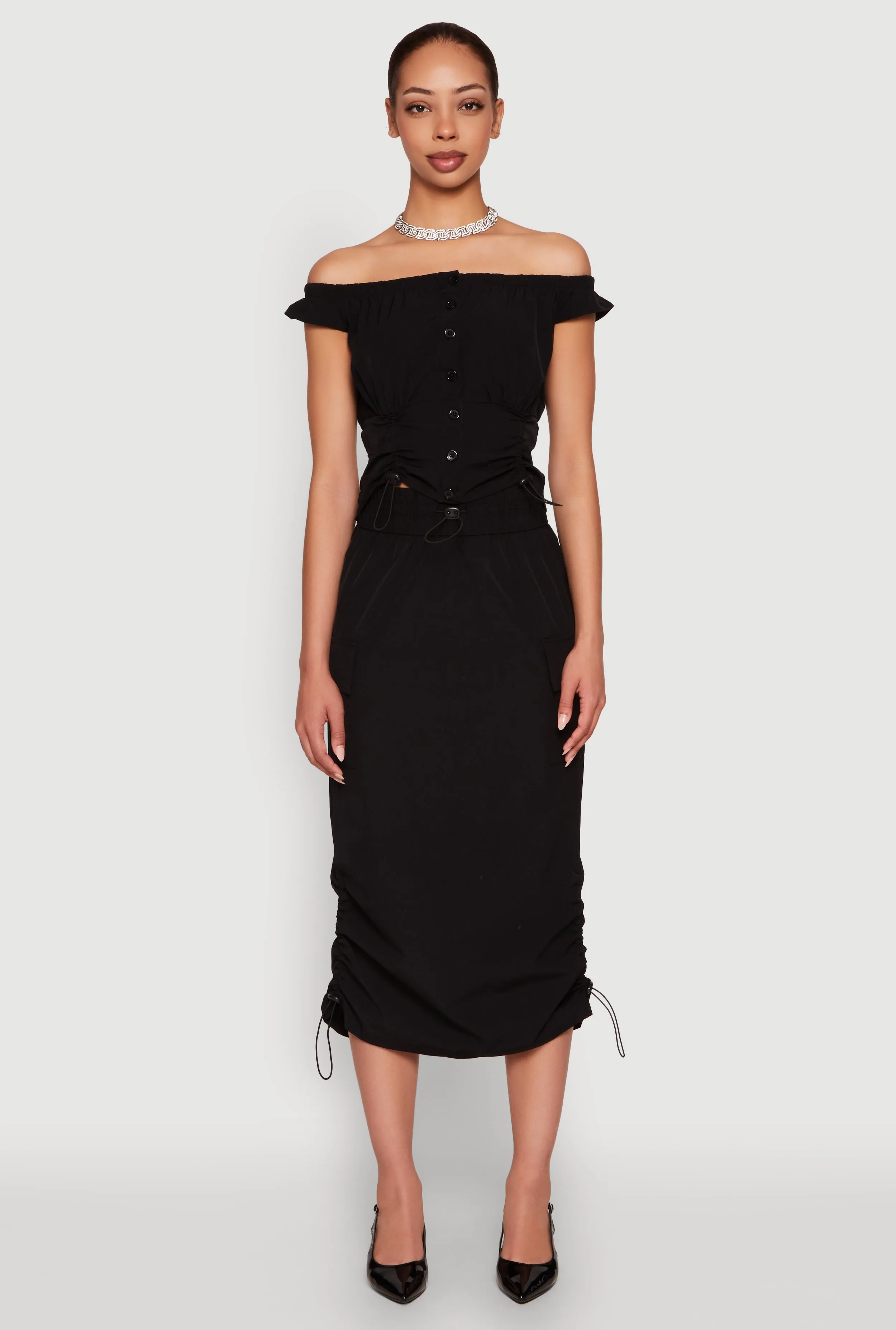 Toggle Drawstring Hem Midi Cargo Skirt Crochet Style