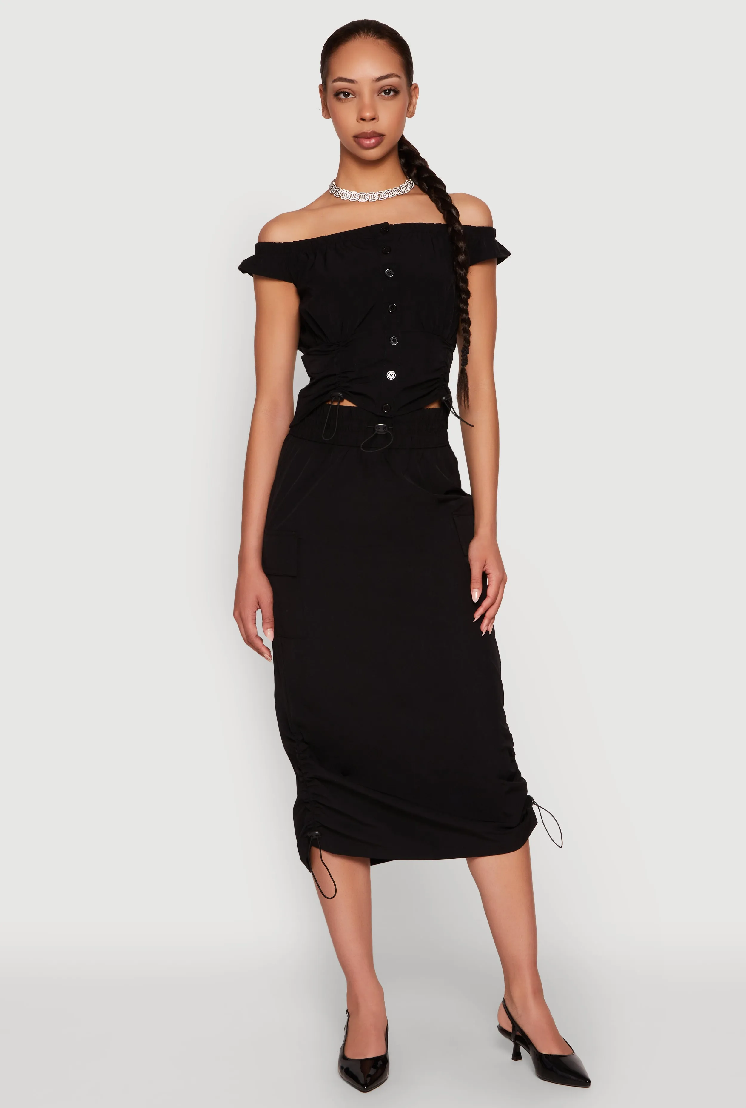 Toggle Drawstring Hem Midi Cargo Skirt Sustainable Innovation