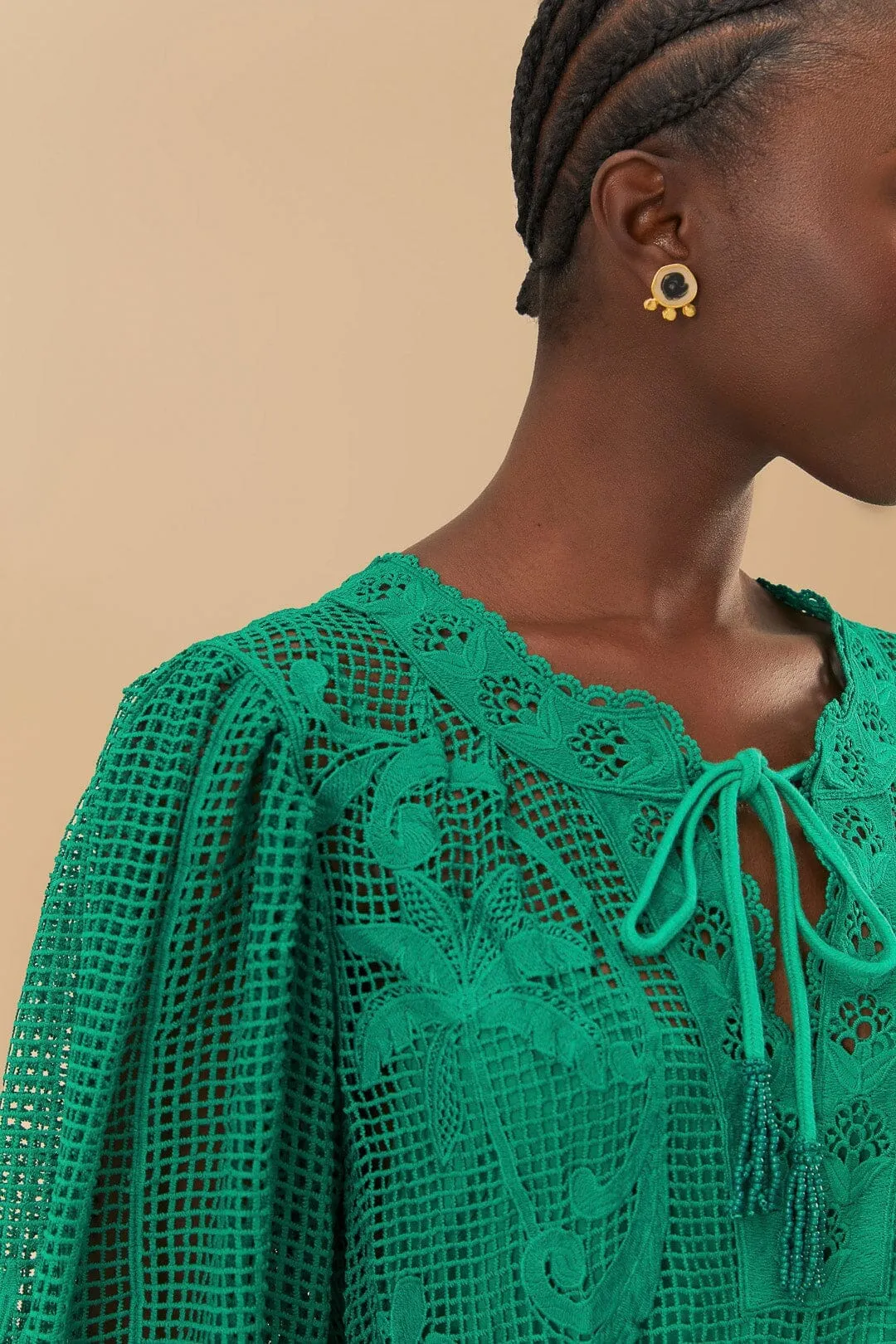 Modest Coverage Cut Green Tropical Flight Guipure Mini Dress