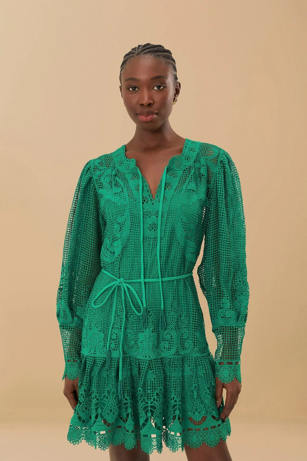 Green Tropical Flight Guipure Mini Dress Trendy mini outfit