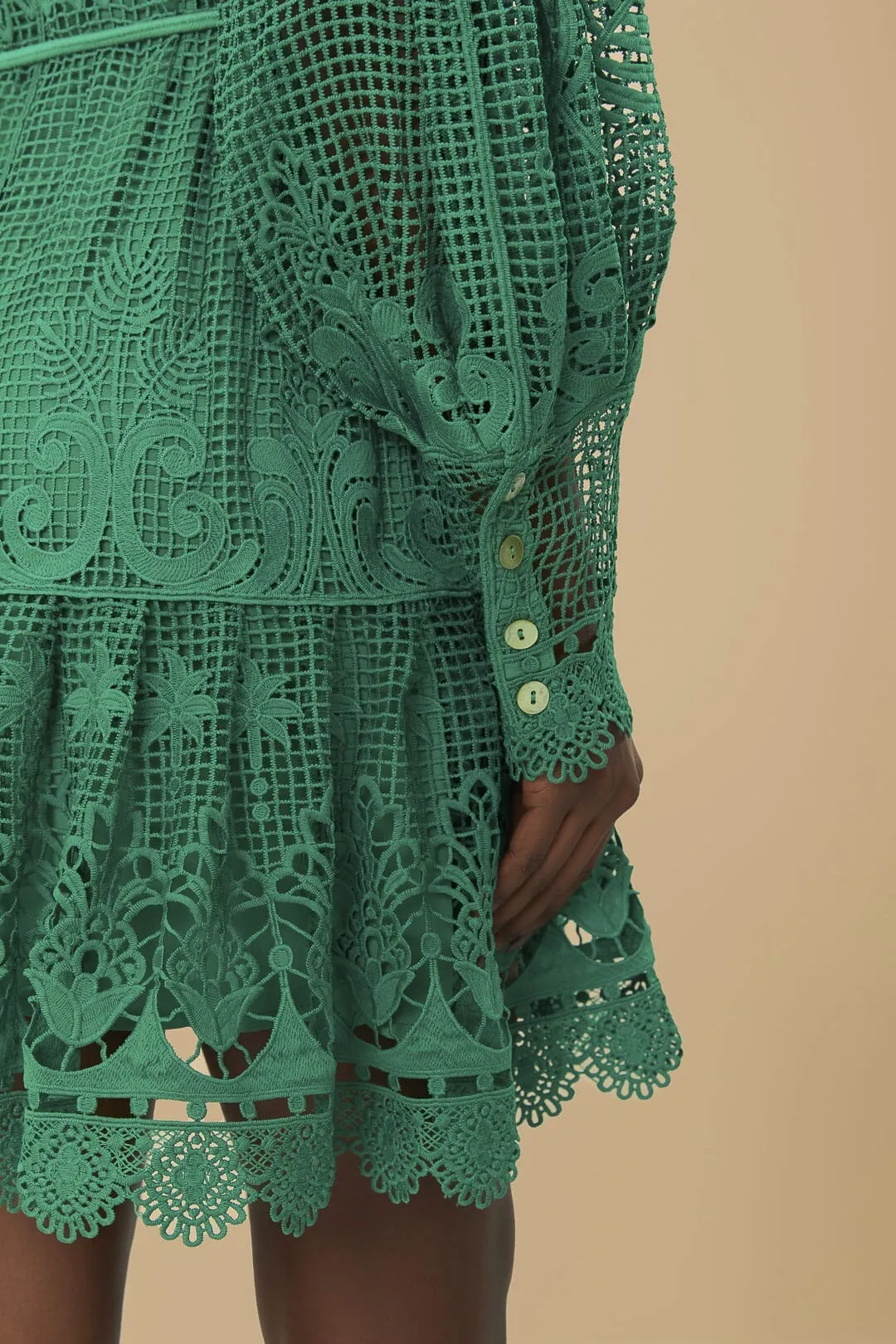 Green Tropical Flight Guipure Mini Dress Light Beat Casual Design