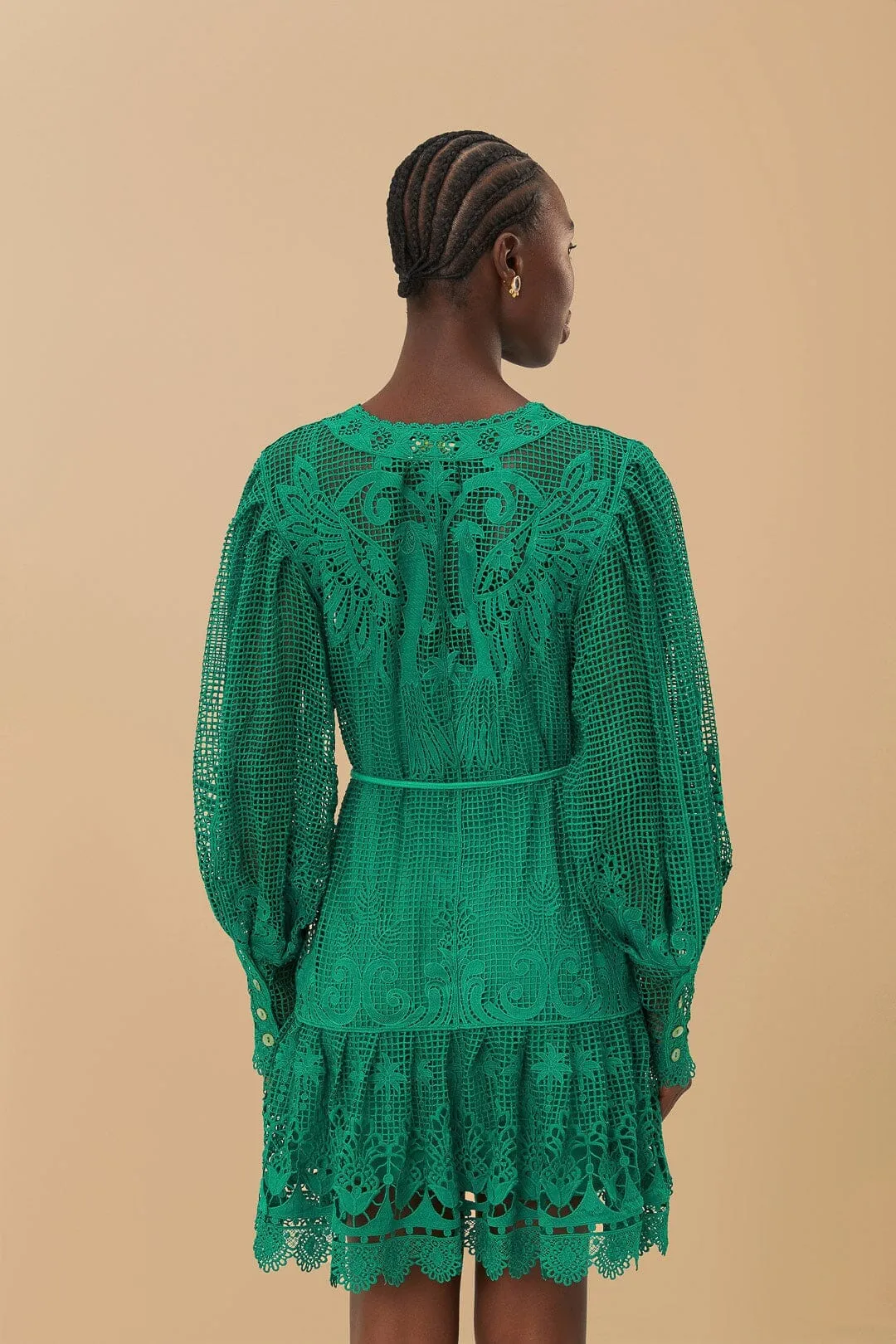 Flowy Design Floral Vibe Green Tropical Flight Guipure Mini Dress