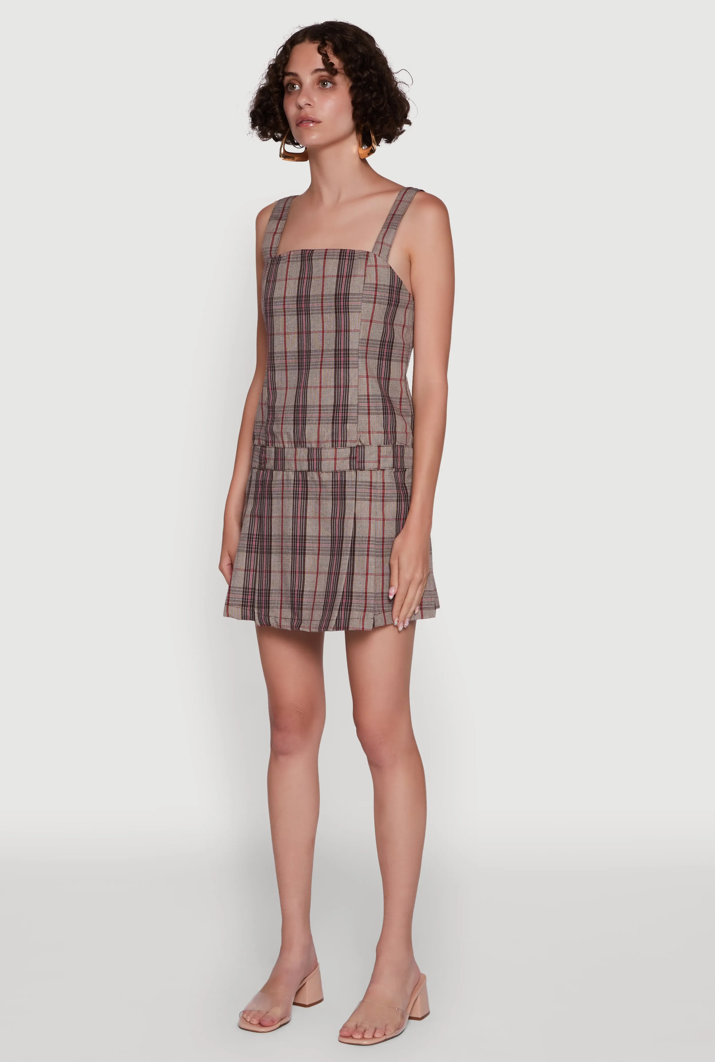 Plaid Square Neck Sleeveless Pleated Hem Dress Anti Static Material