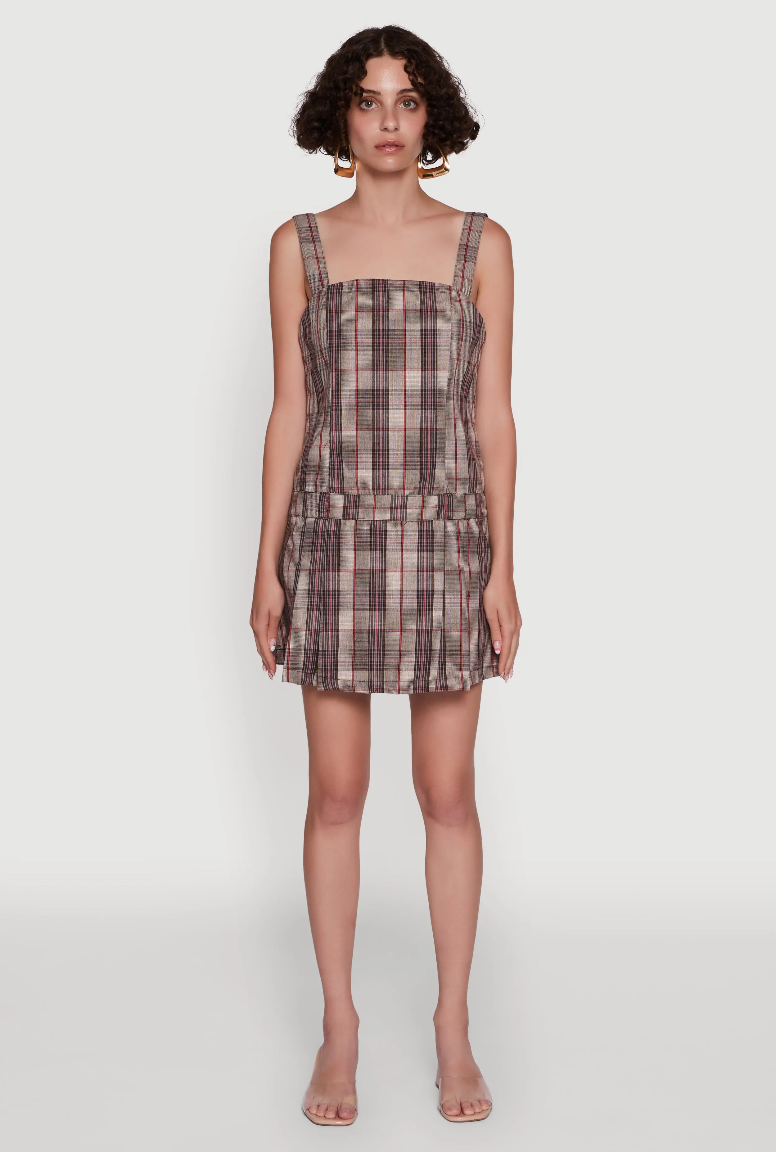 Simple Vibe Plaid Square Neck Sleeveless Pleated Hem Dress