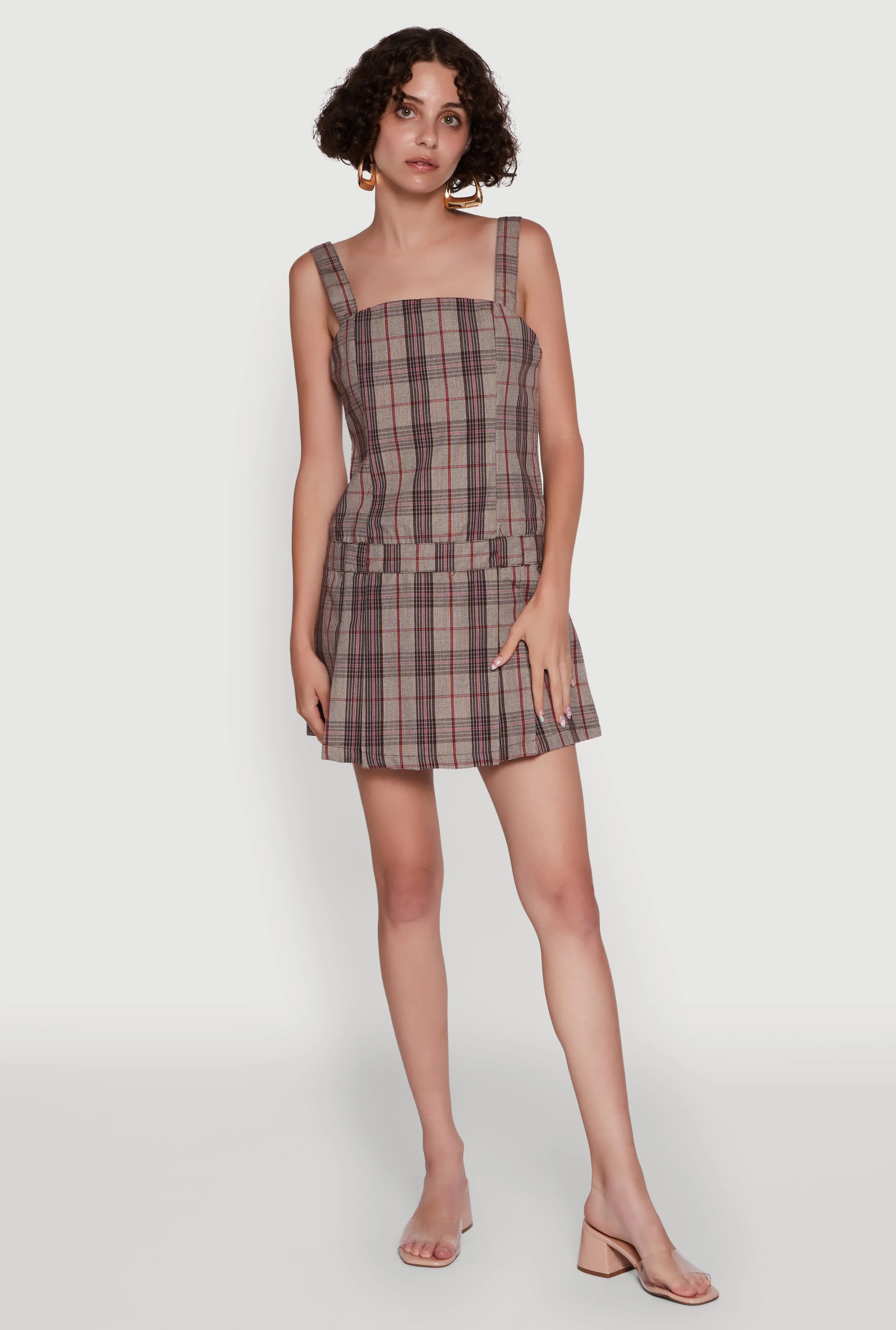 Plaid Square Neck Sleeveless Pleated Hem Dress Spice Core Weekend Vibe