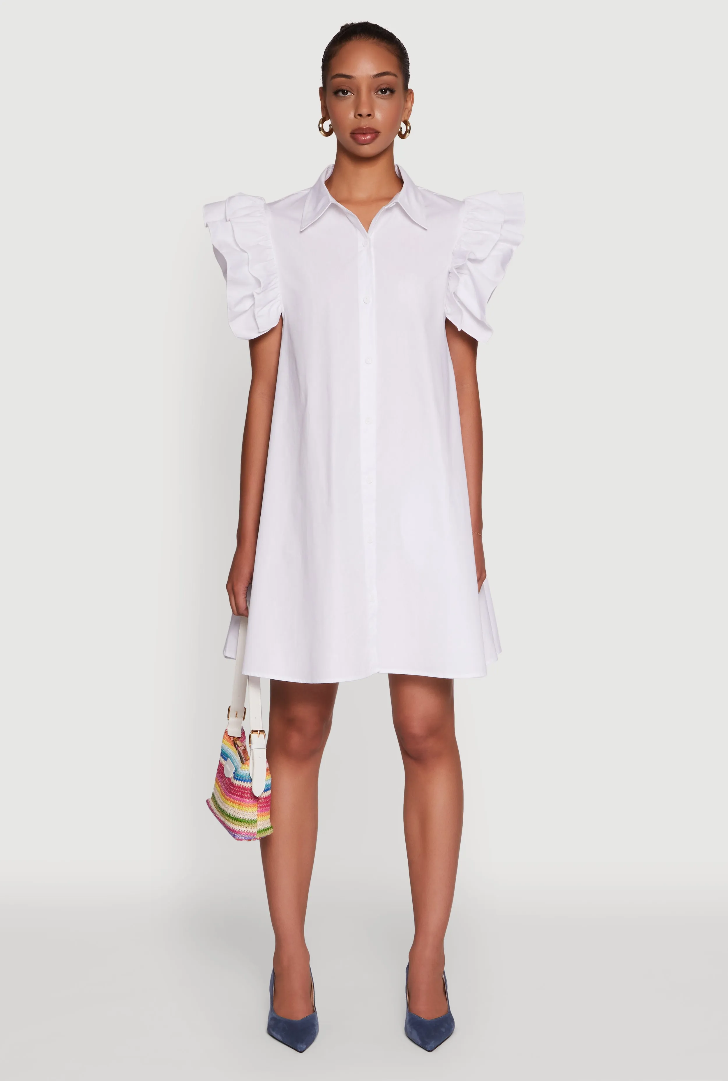 Poplin Button Front Flutter Sleeve Dress Flatlock Seams Pop Fresh