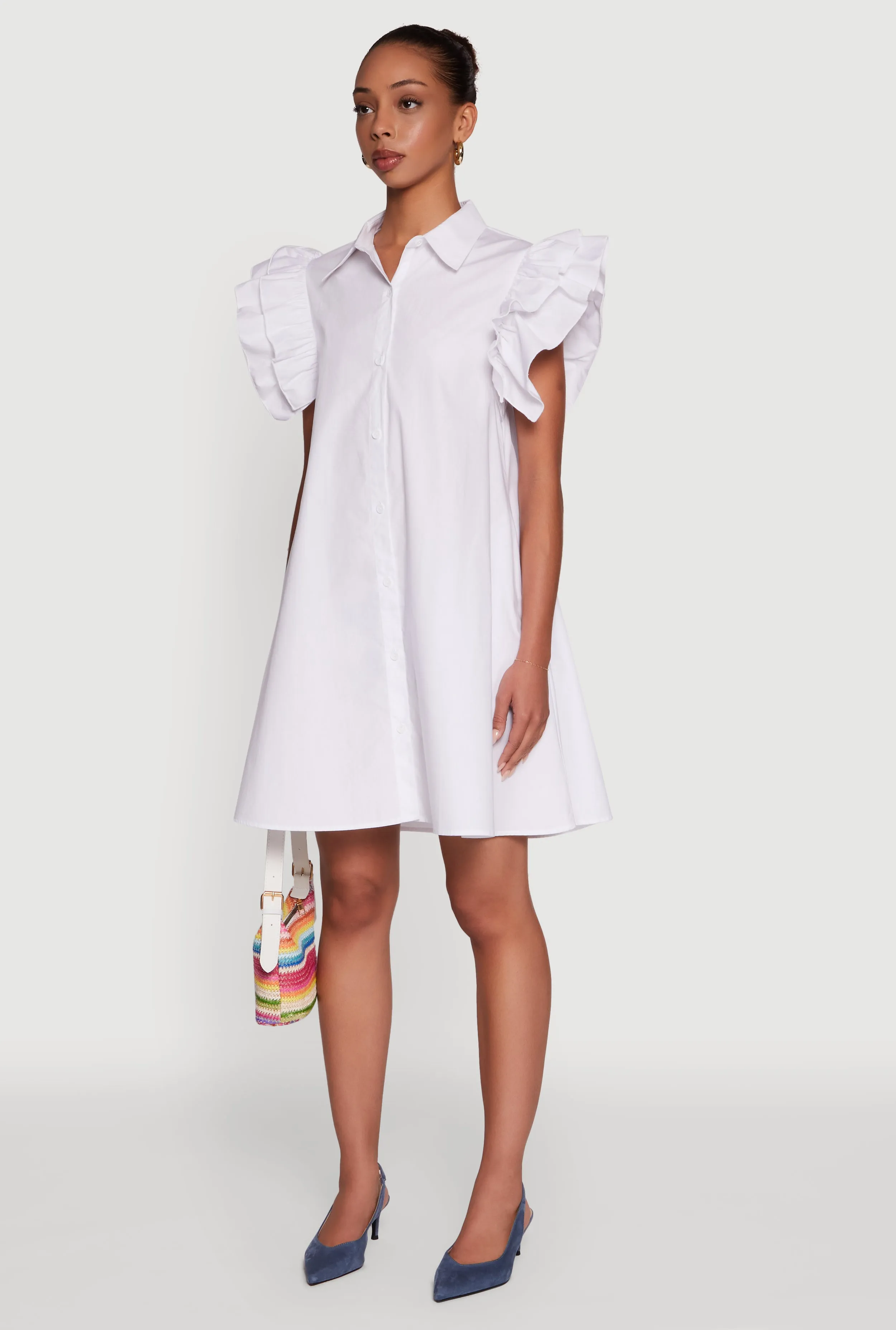 Smart Fit Poplin Button Front Flutter Sleeve Dress