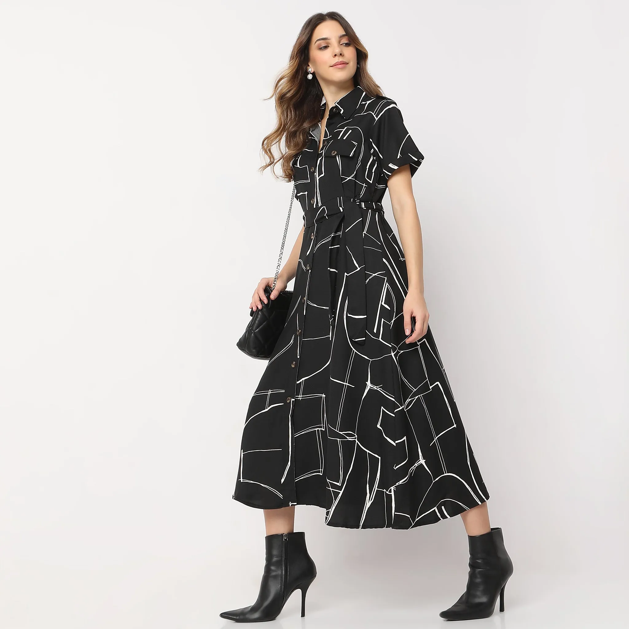 Airtight Zipper DurableSeams Printed Calf Length Shirt Collar Luxe Short Sleeve Dress