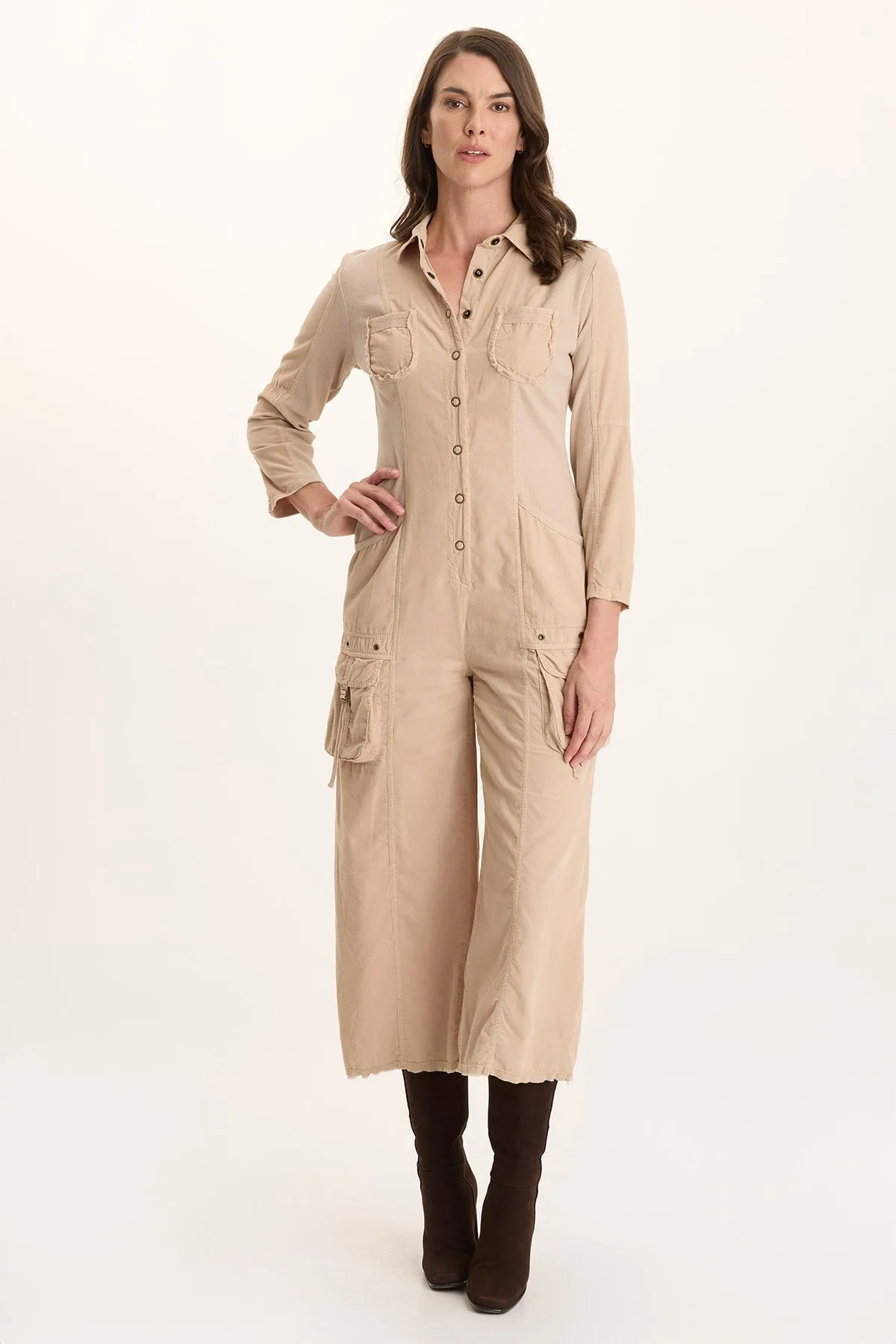 Kaisa Corduroy Long-Sleeve Cargo Jumpsuit Snow Core