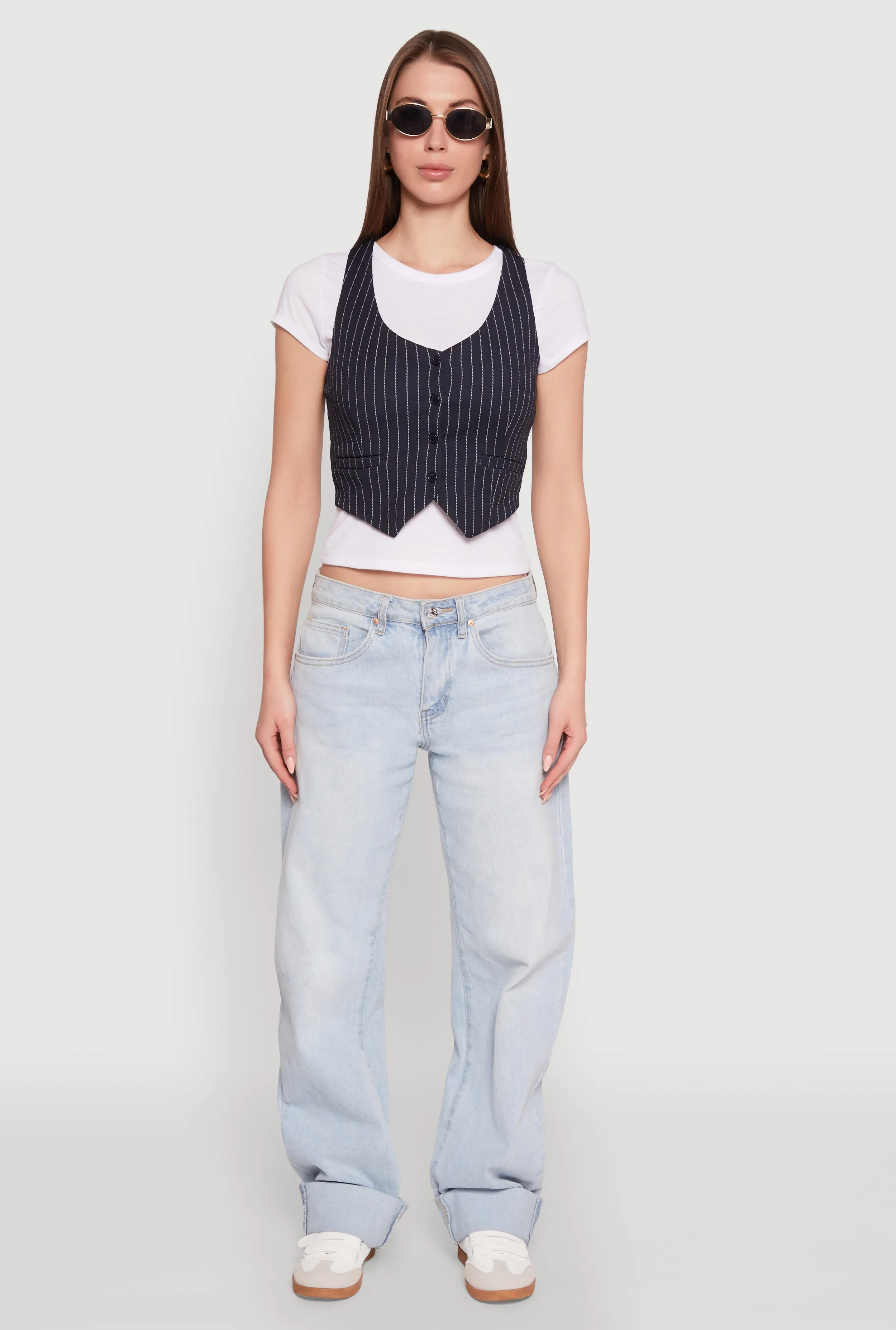 Crew Neck Tee with Stylish Pinstripe Vest Trendy Vibes Wear Pre Shrunk Fabric